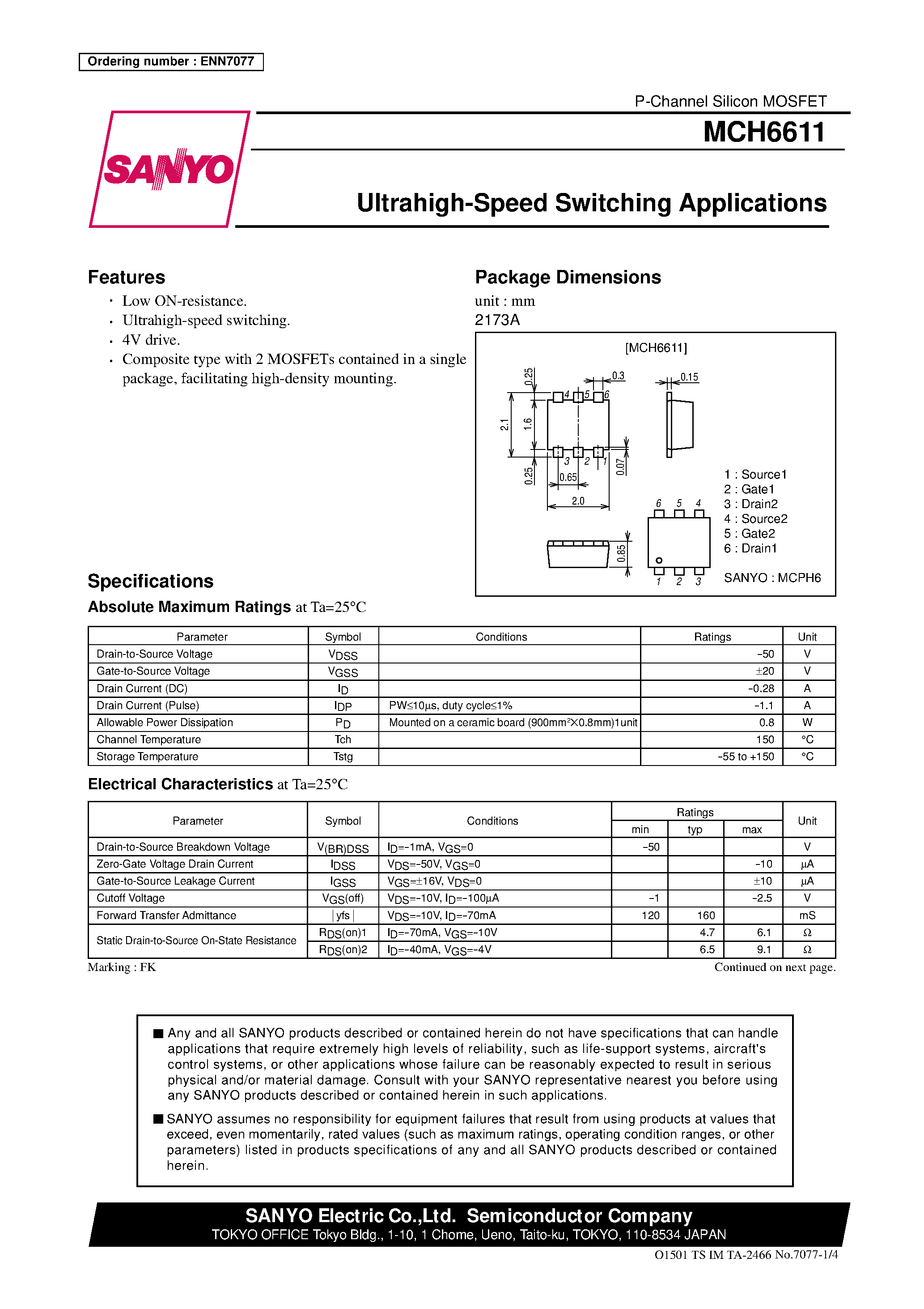 Datasheet MCH6611 page 1 Datasheet MCH6611 - Ultrahigh-Speed Switching Applications page 1