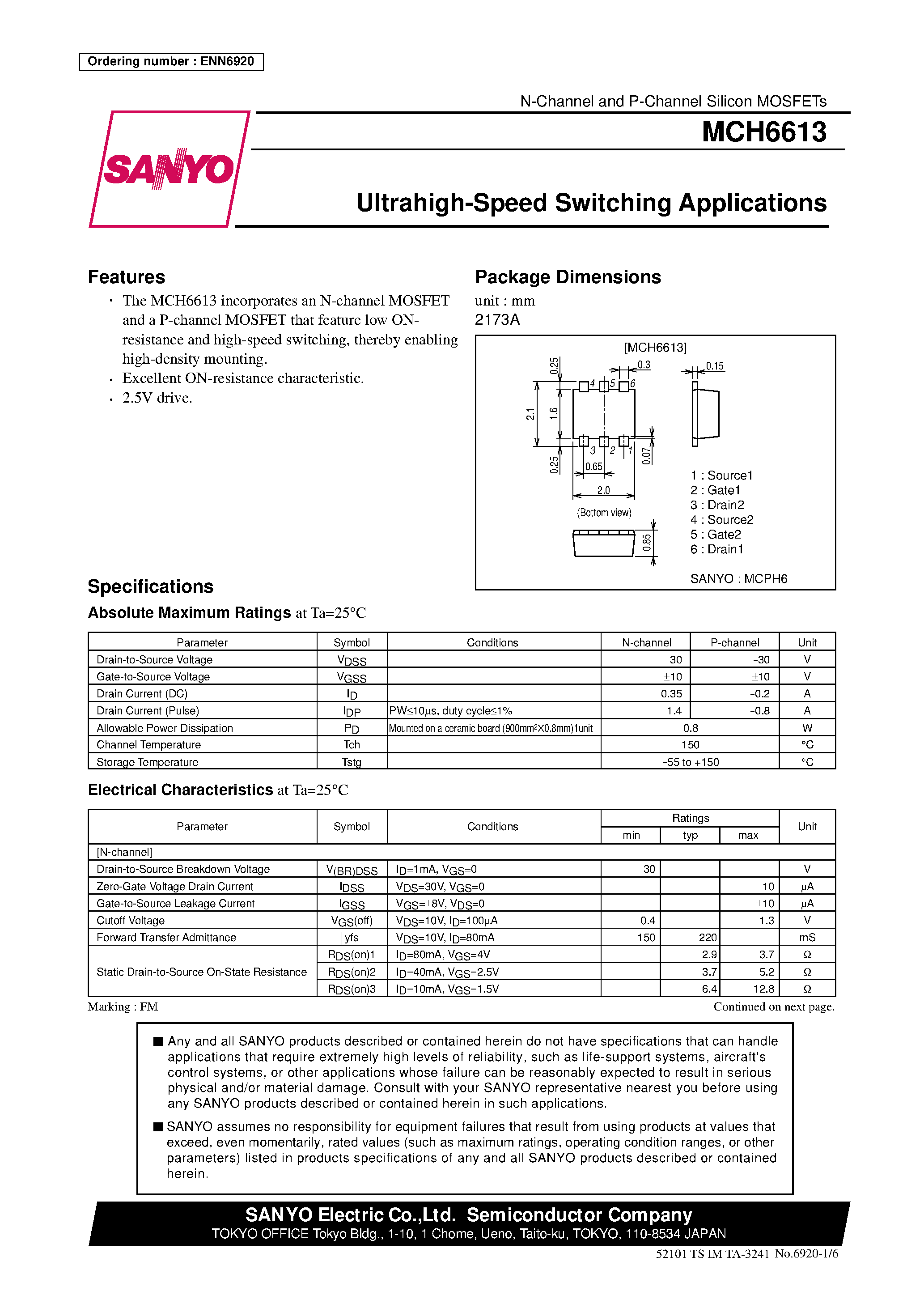 Datasheet MCH6613 page 1 Datasheet MCH6613 - Ultrahigh-Speed Switching Applications page 1