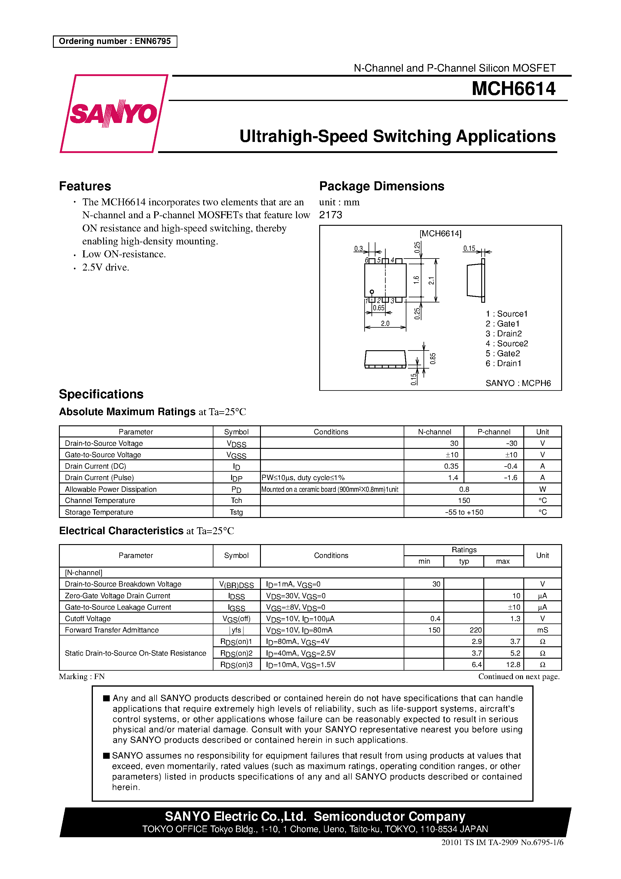 Datasheet MCH6614 page 1 Datasheet MCH6614 - Ultrahigh-Speed Switching Applications page 1