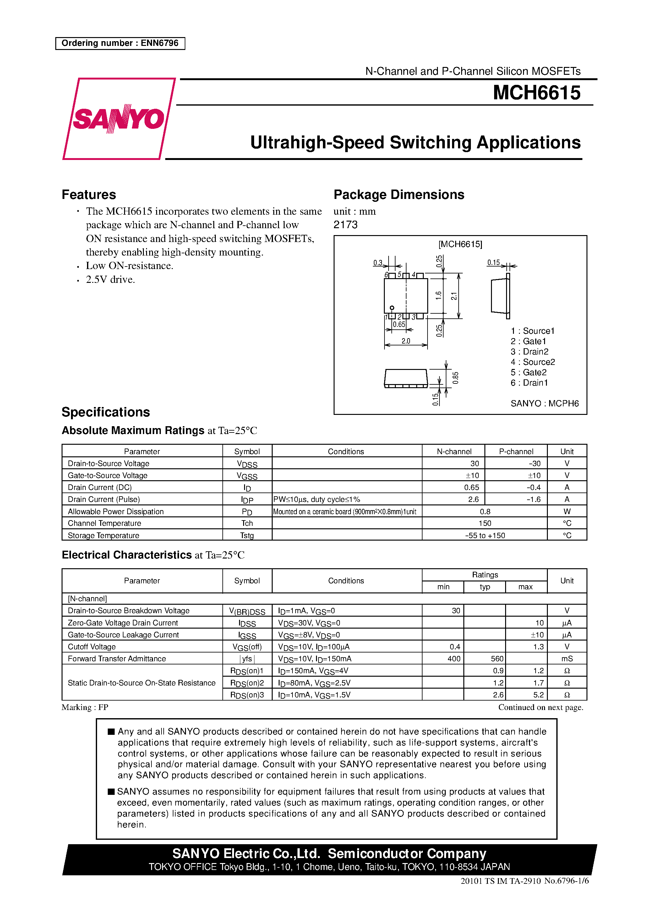 Datasheet MCH6615 - Ultrahigh-Speed Switching Applications page 1