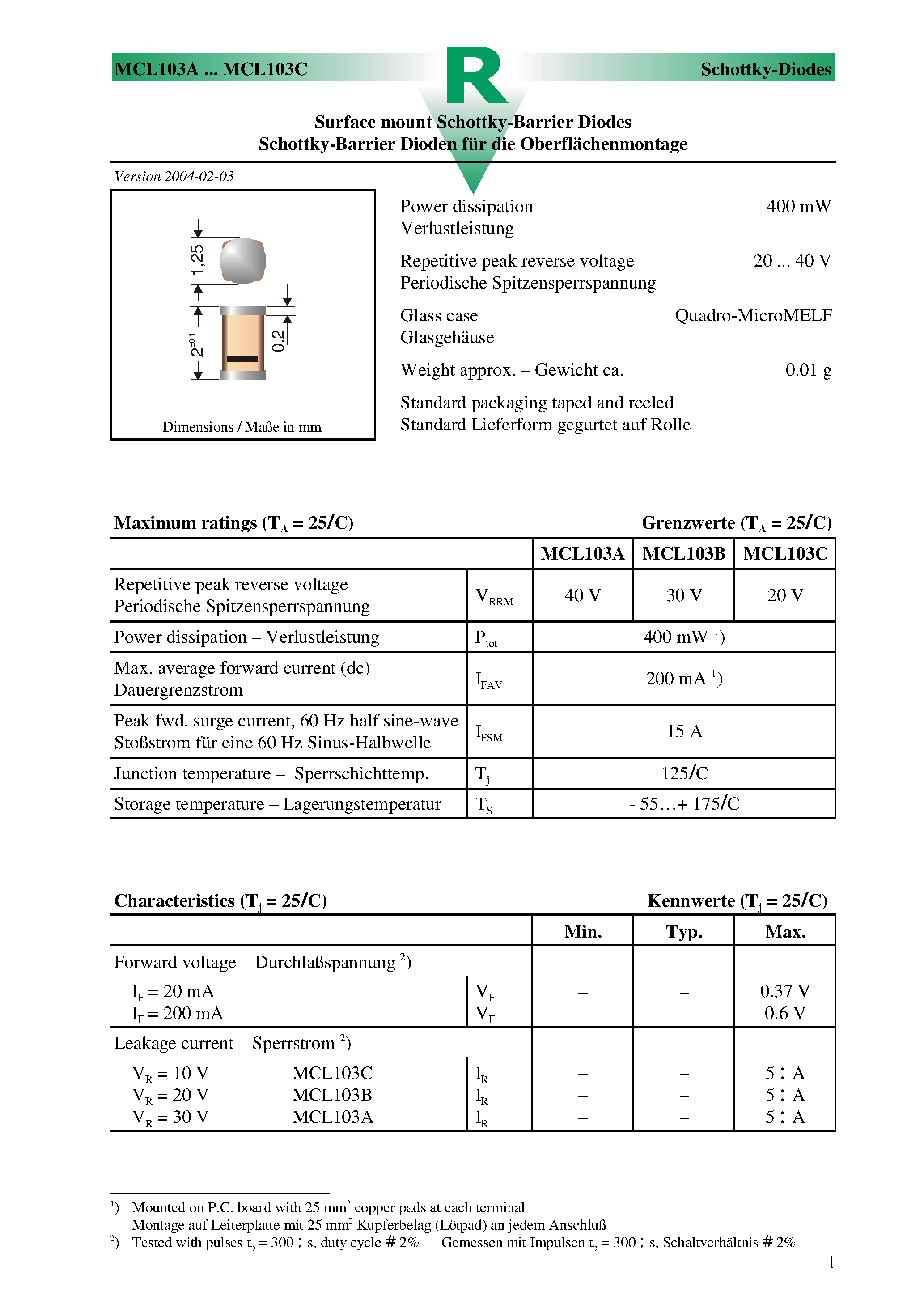 Даташит на микросхему MCL103C страница 1 Даташит MCL103C - Surface mount Schottky-Barrier Diodes страница 1