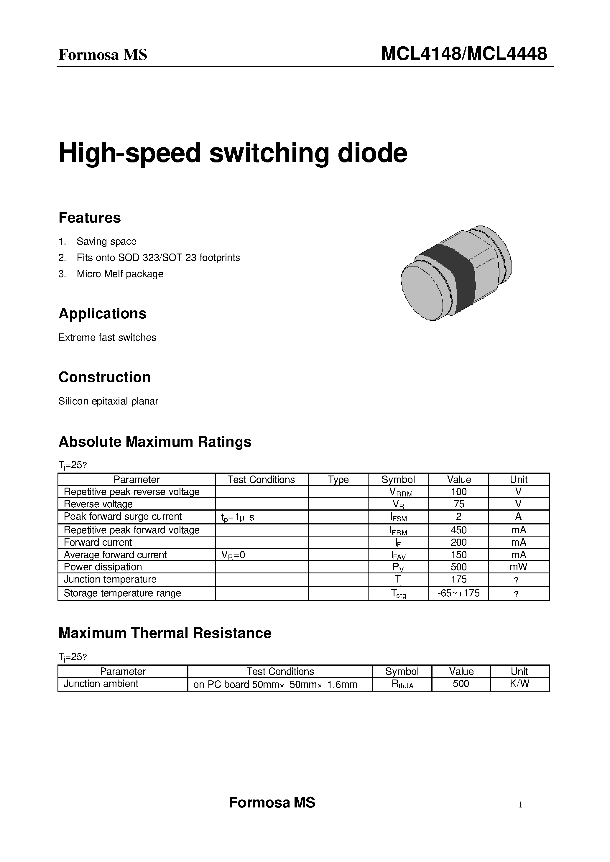 Datasheet MCL4148 page 1 Datasheet MCL4148 - High-speed switching diode page 1