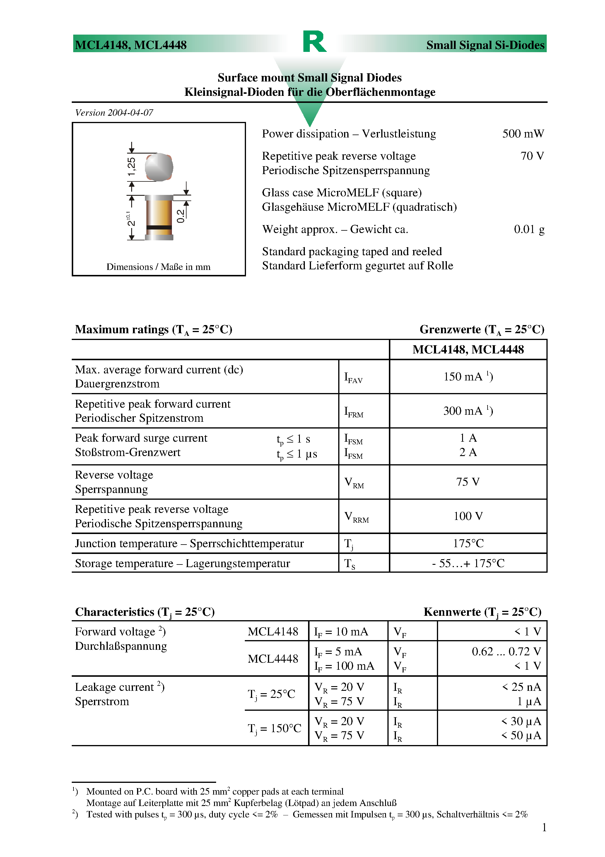 Даташит на микросхему MCL4148 страница 1 Даташит MCL4148 - Surface mount Small Signal Diodes страница 1