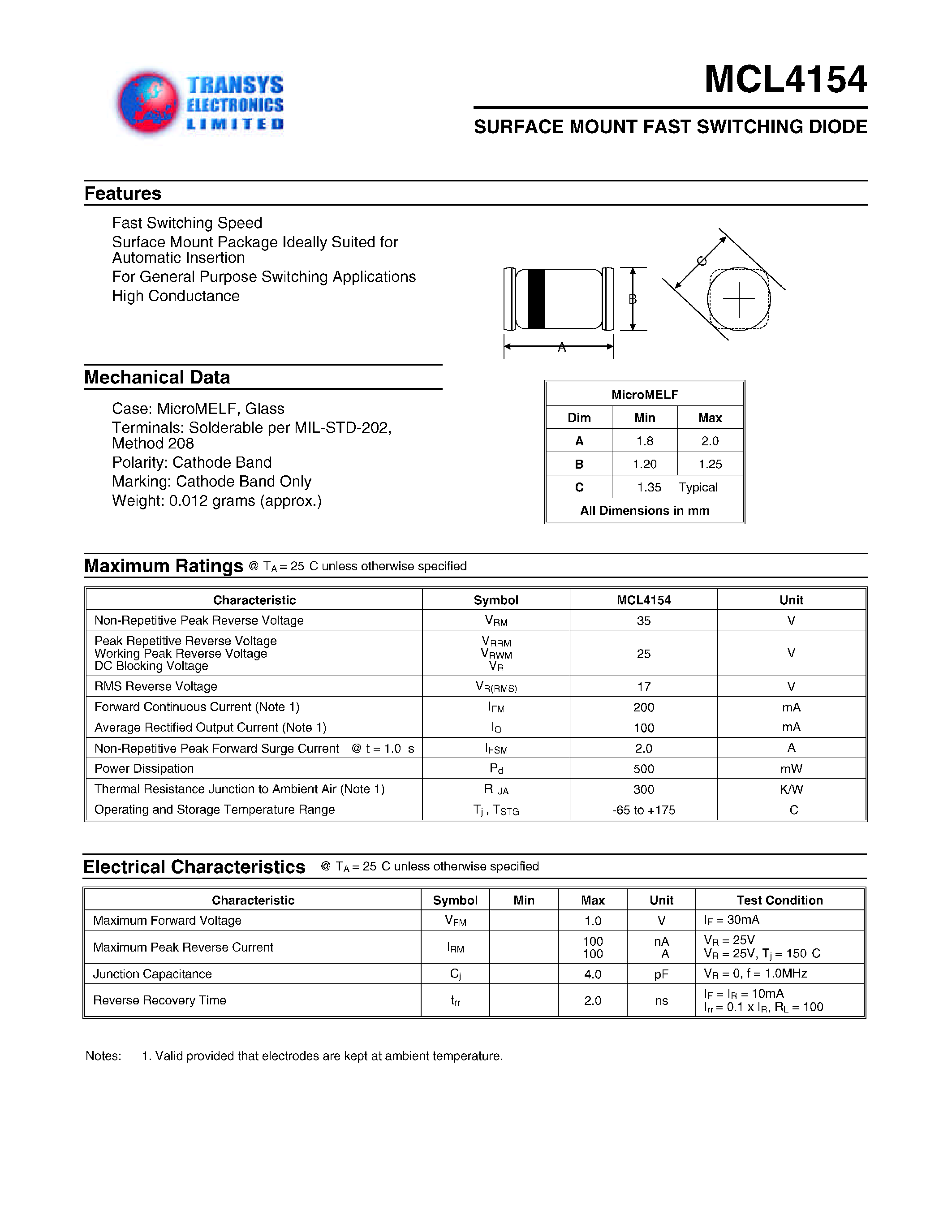 Datasheet MCL4154 page 1 Datasheet MCL4154 - SURFACE MOUNT FAST SWITCHING DIODE page 1