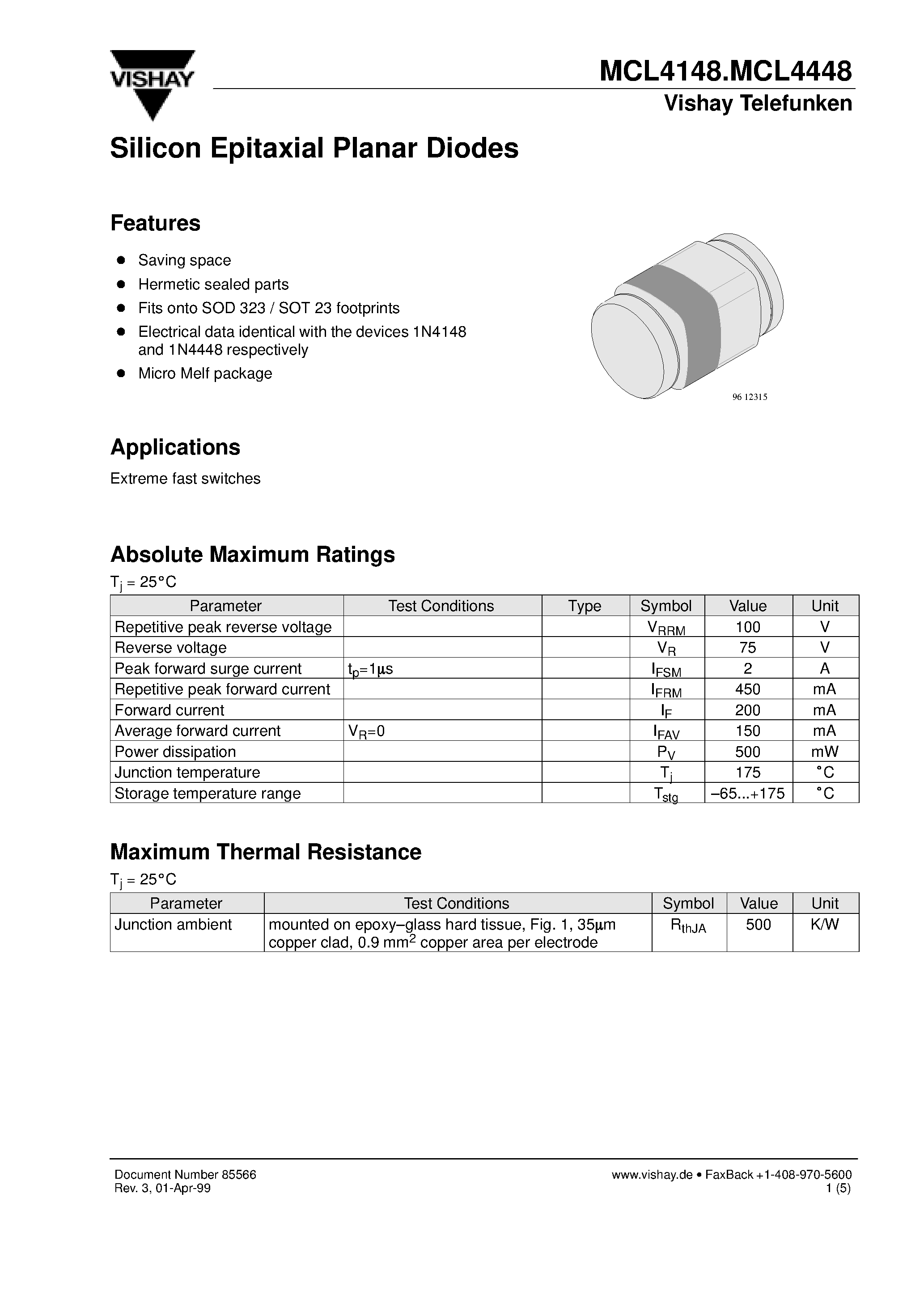 Даташит на микросхему MCL4448 страница 1 Даташит MCL4448 - Silicon Epitaxial Planar Diodes страница 1