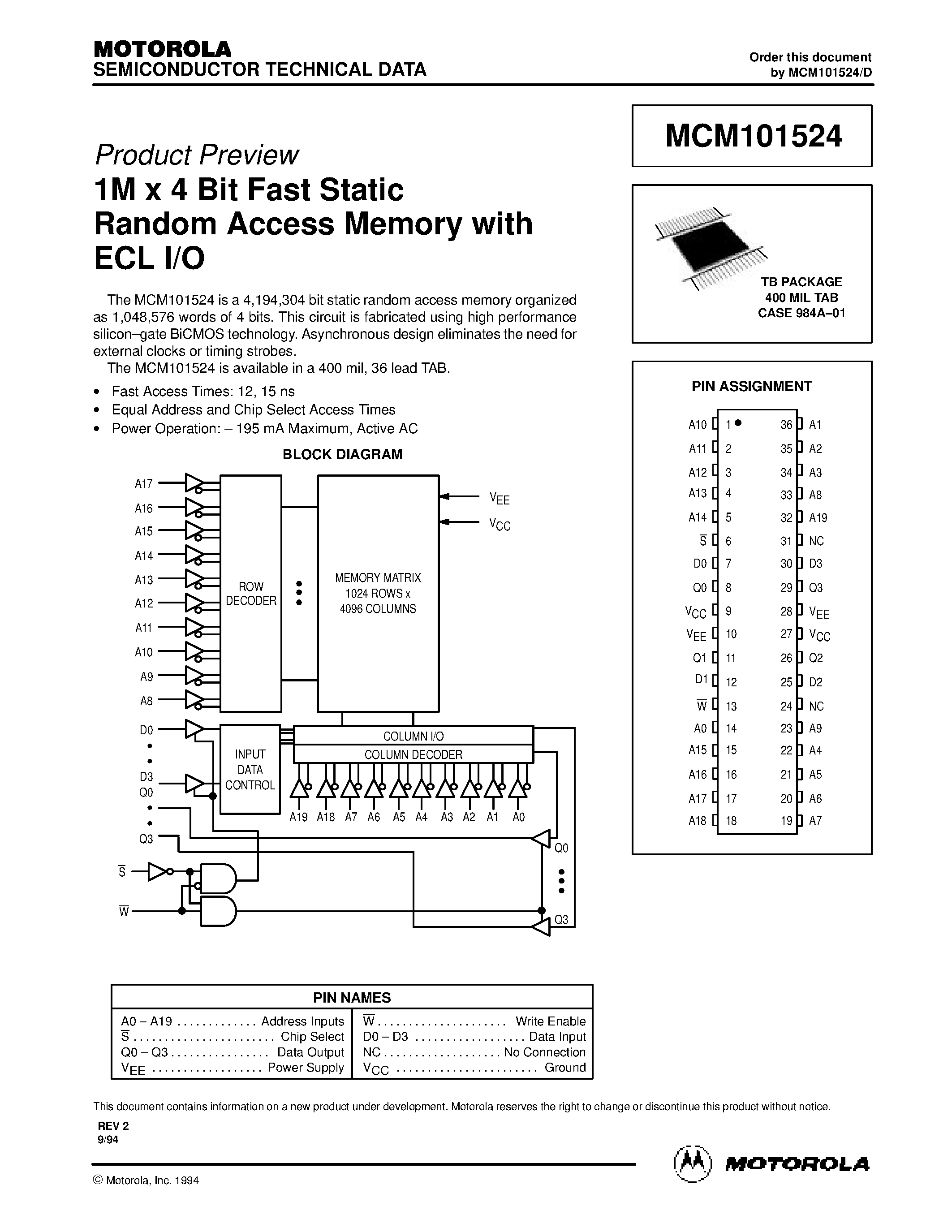 Даташит MCM101524 - 1M x 4 Bit Fast Static Random Access Memory with ECL I/O страница 1
