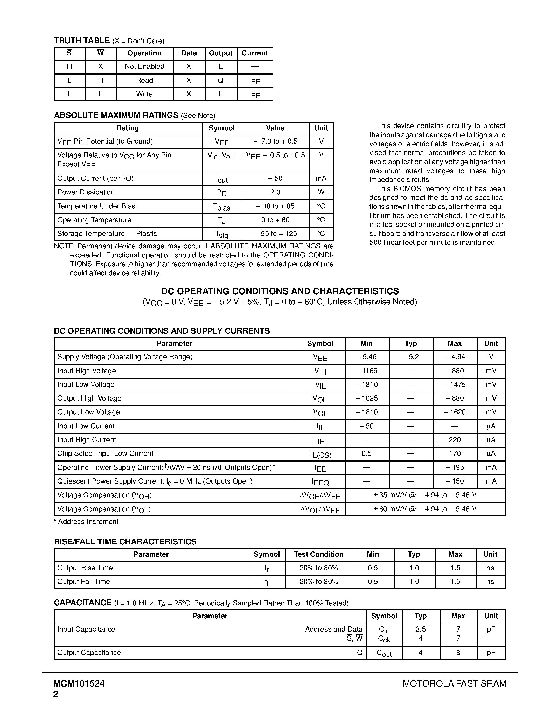 Даташит MCM101524 - 1M x 4 Bit Fast Static Random Access Memory with ECL I/O страница 2