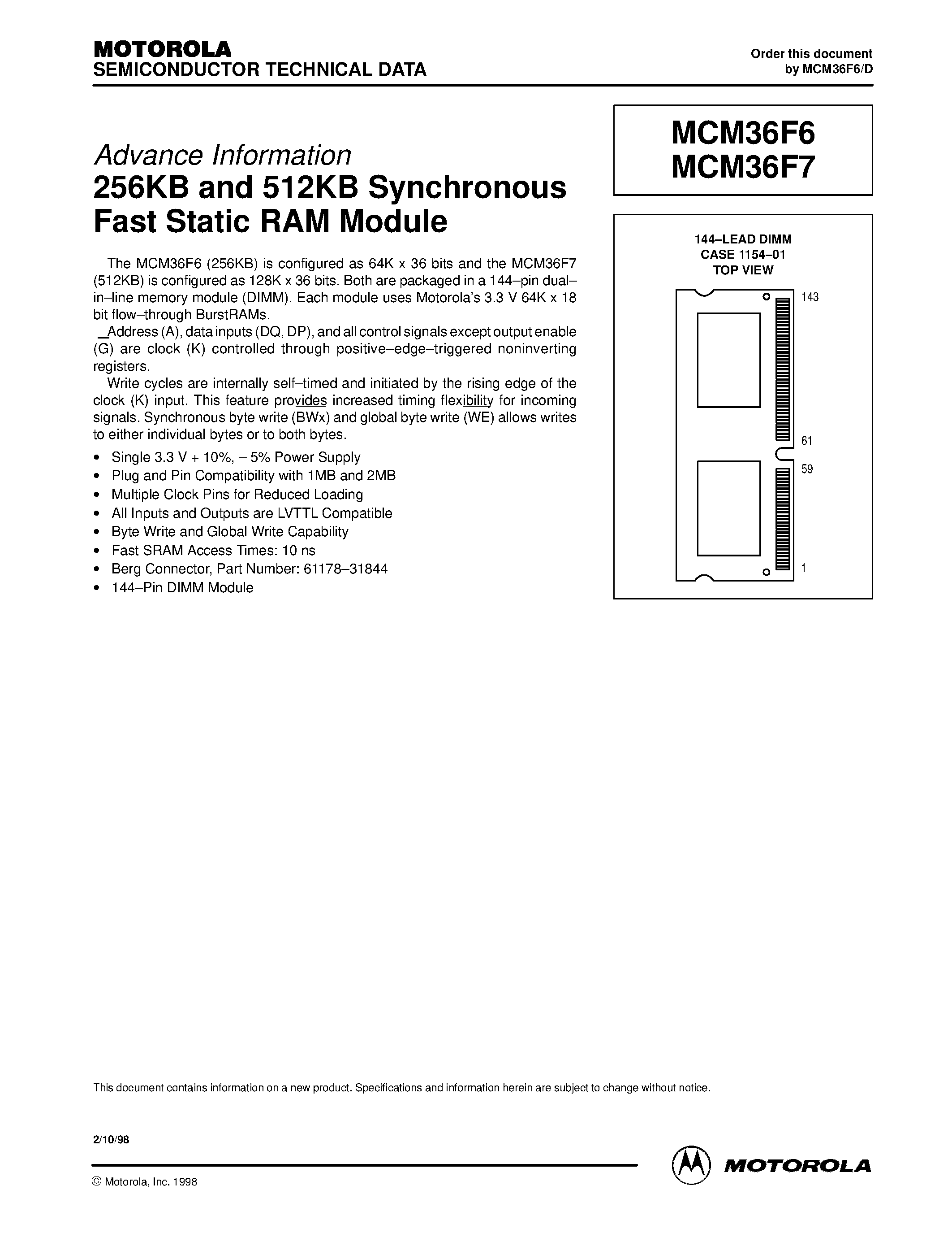 Даташит MCM36F6 - 256KB and 512KB Synchronous Fast Static RAM Module страница 1