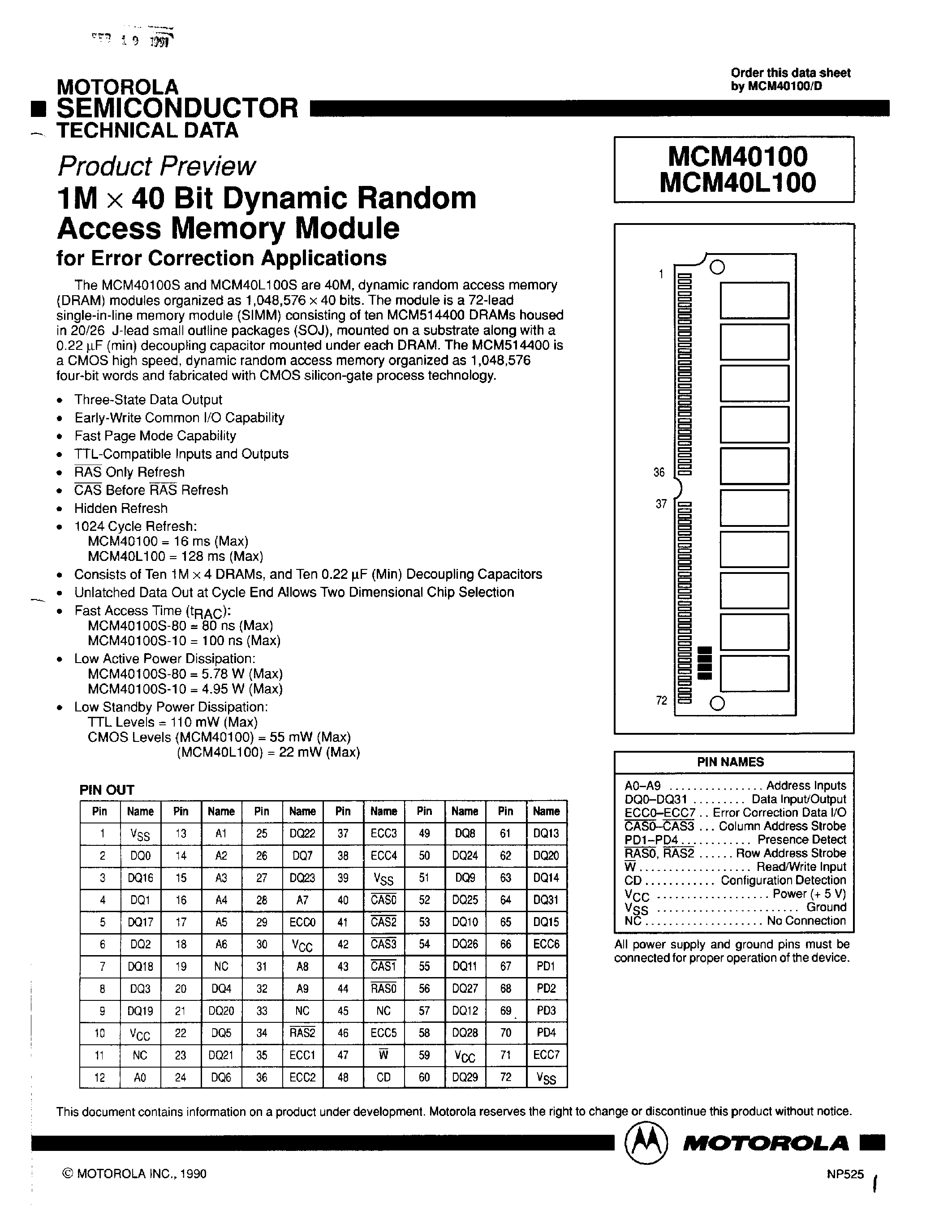 Datasheet MCM40L100 - 1M x 40 Bit Dynamic Random Access Memory Module page 1
