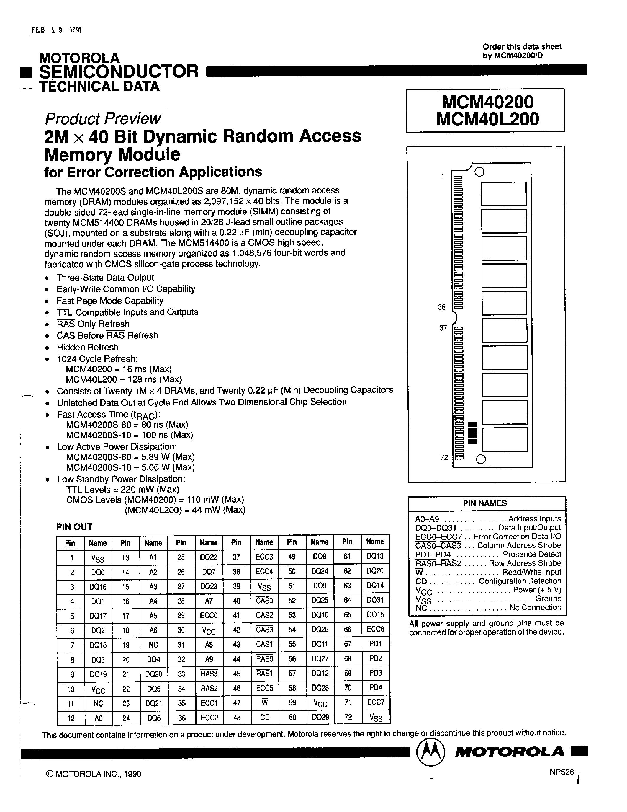 Datasheet MCM40L200 - 2M x 40 Bit Dynamic Random Access Memory Module page 1