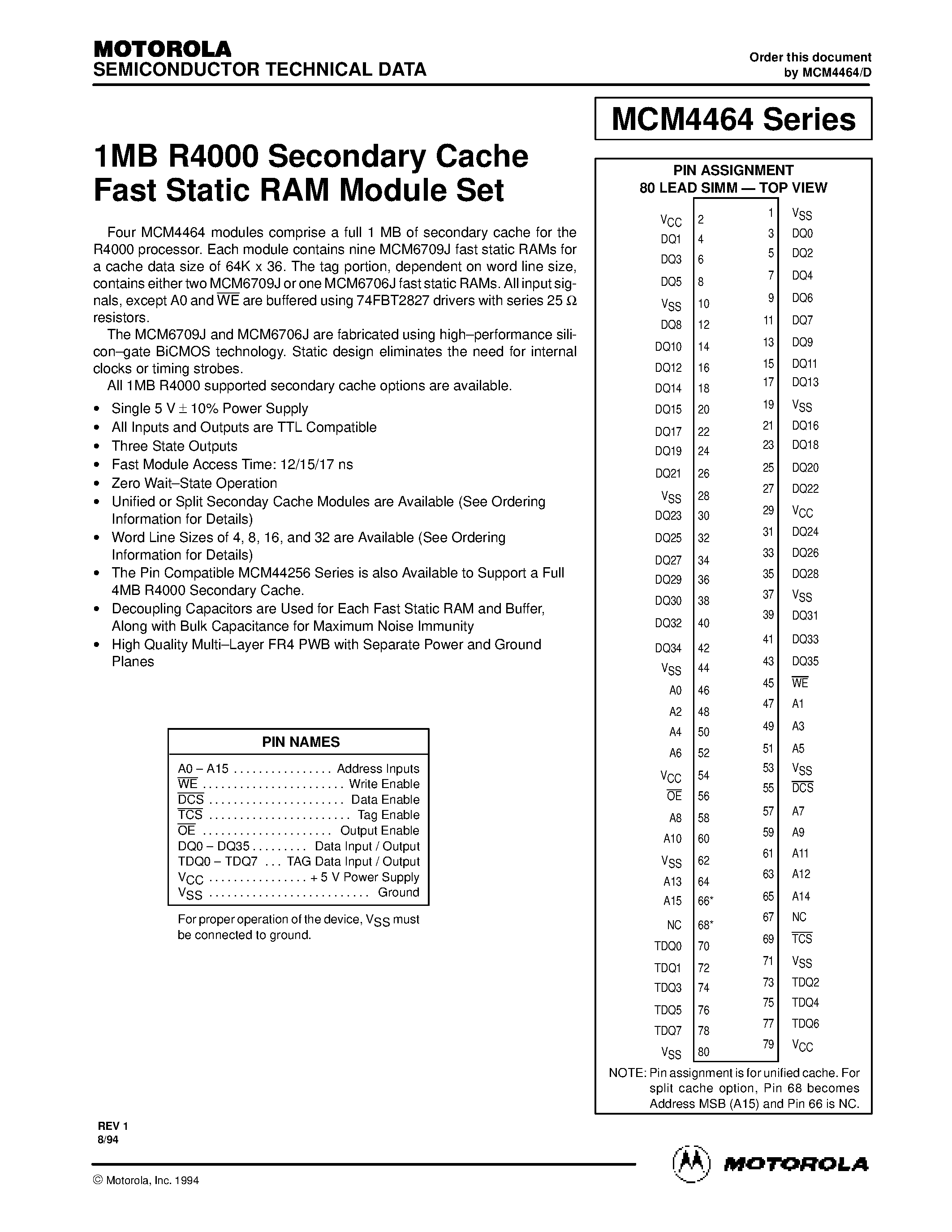Datasheet MCM44C64 - 1MB R4000 Secondary Cache Fast Static RAM Module Set page 1