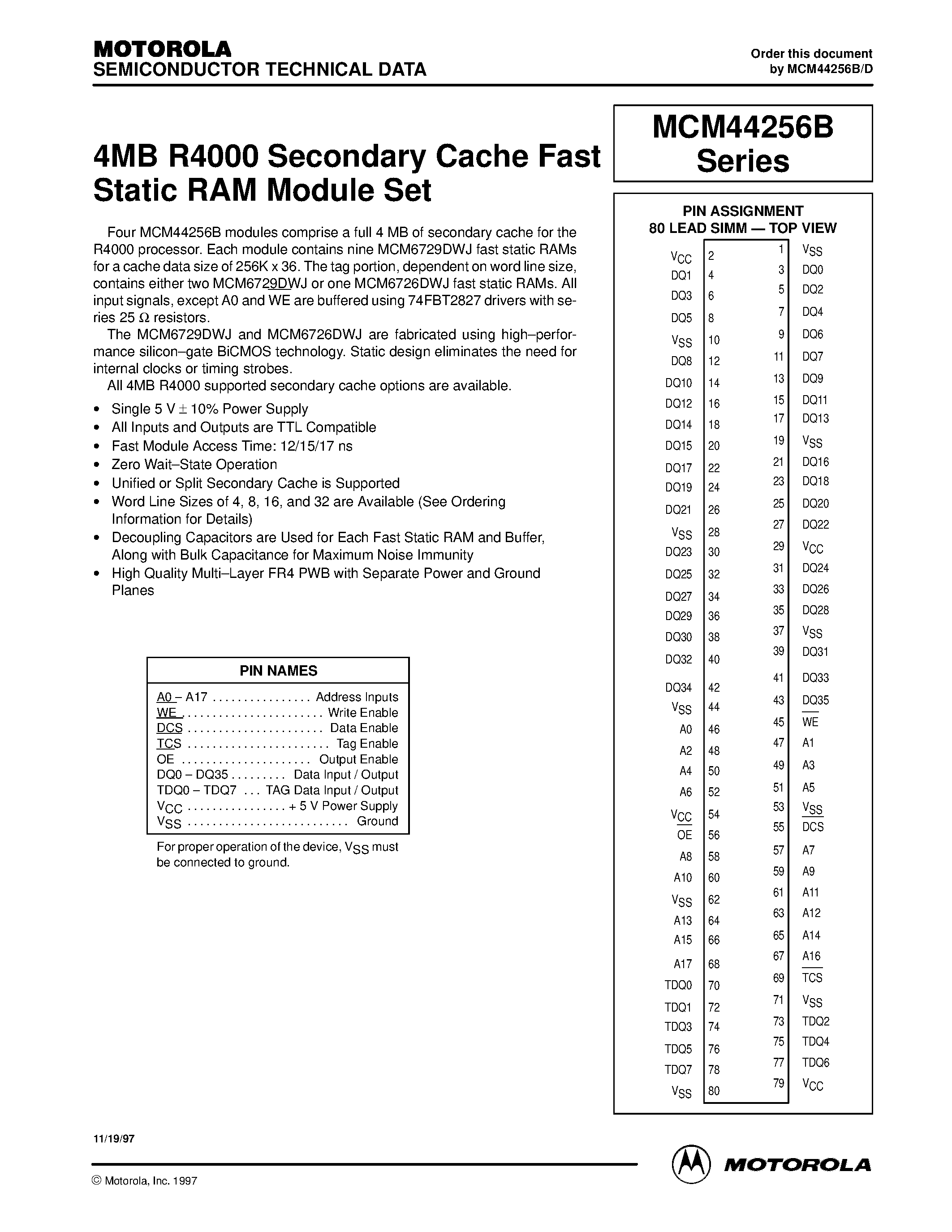 Даташит MCM44D256B - 4MB R4000 Secondary Cache Fast Static RAM Module Set страница 1