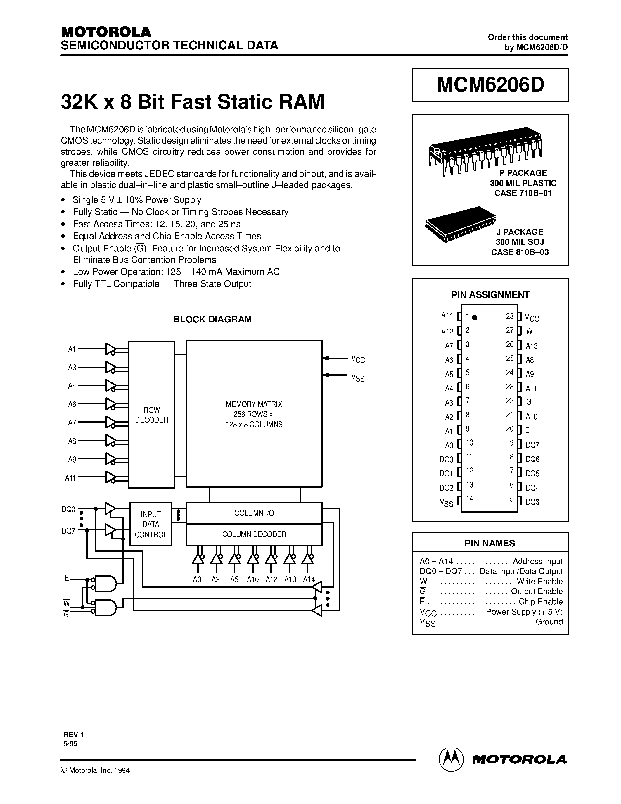 Даташит на микросхему MCM6206DJ20 страница 1 Даташит MCM6206DJ20 - 32K x 8 Bit Fast Static RAM страница 1