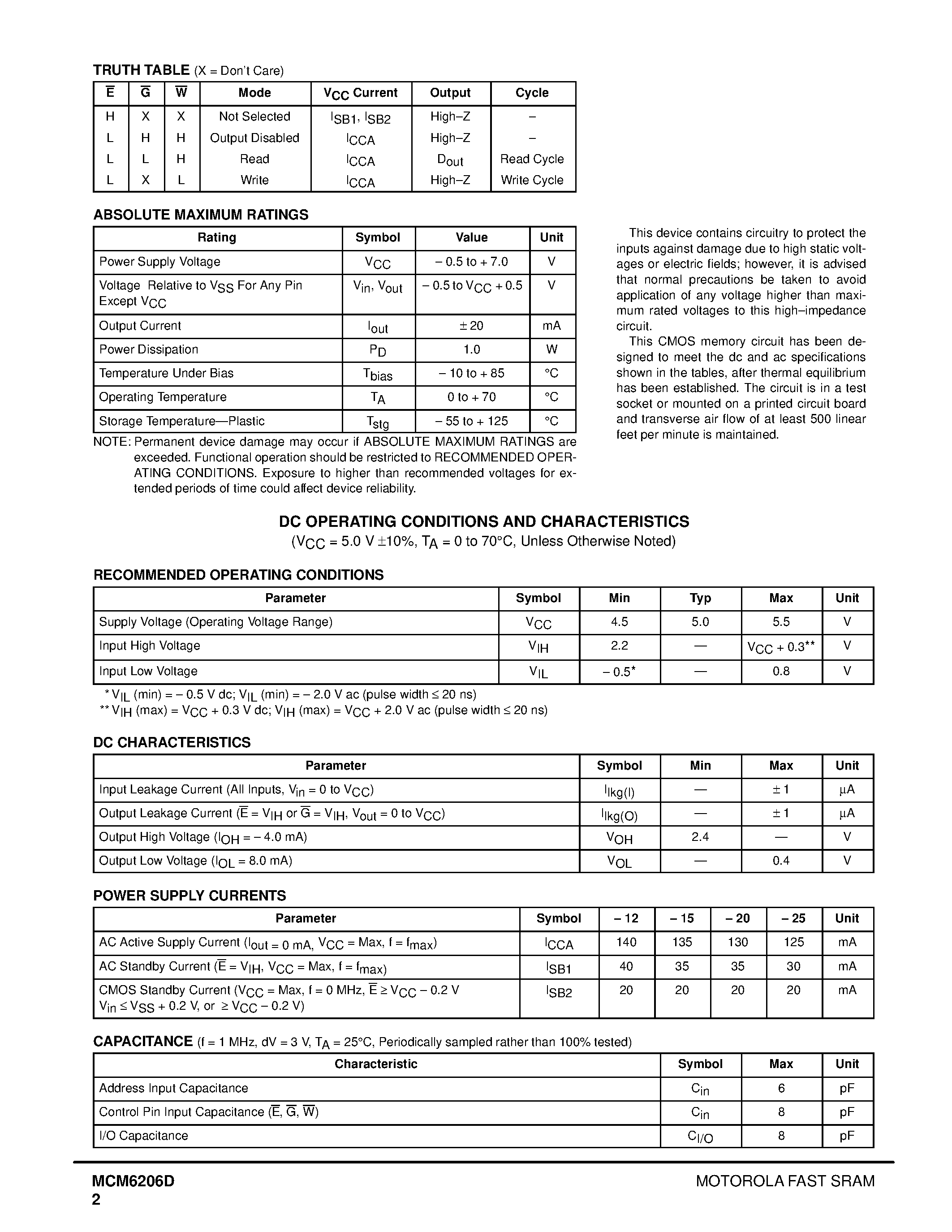 Datasheet MCM6206DP25 - 32K x 8 Bit Fast Static RAM page 2