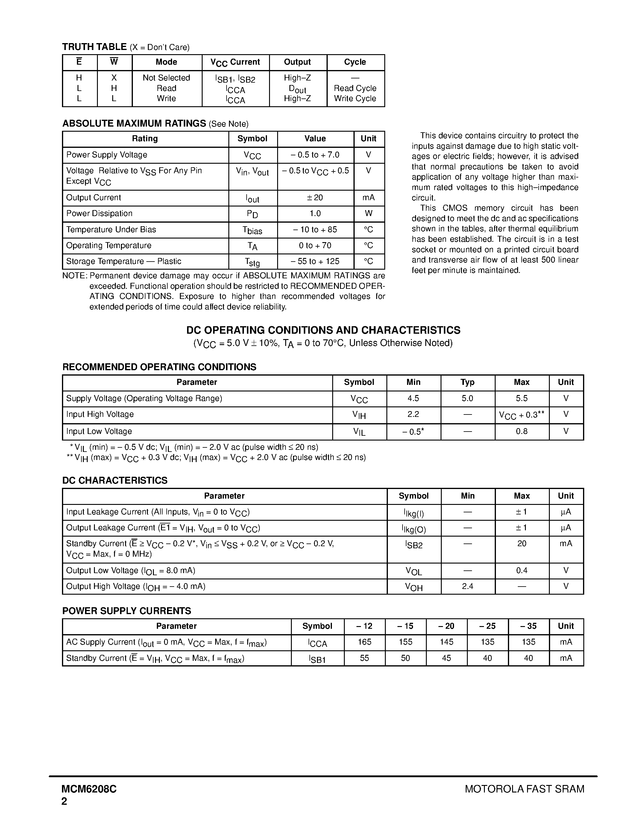 Datasheet MCM6208C - 64K x 4 Fast Static RAM page 2