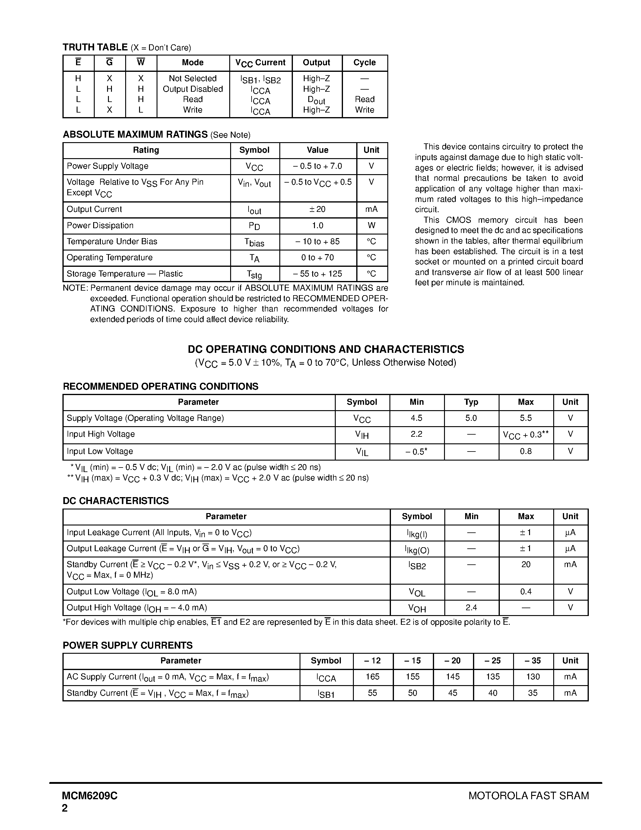 Даташит на микросхему MCM6209C страница 2 Даташит MCM6209C - 64K x 4 Bit Fast Static RAM страница 2