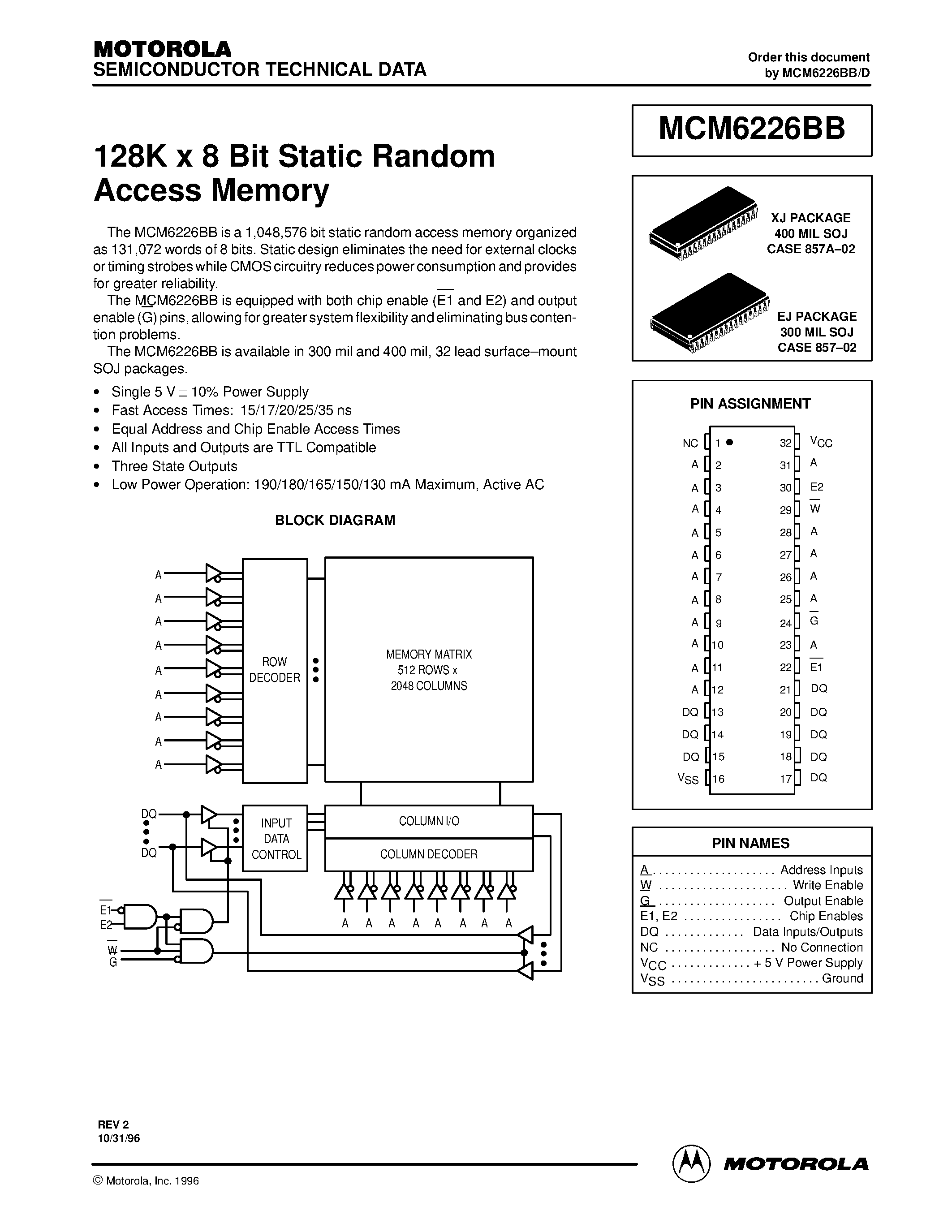 Даташит на микросхему MCM6226BB страница 1 Даташит MCM6226BB - 128K x 8 Bit Static Random Access Memory страница 1