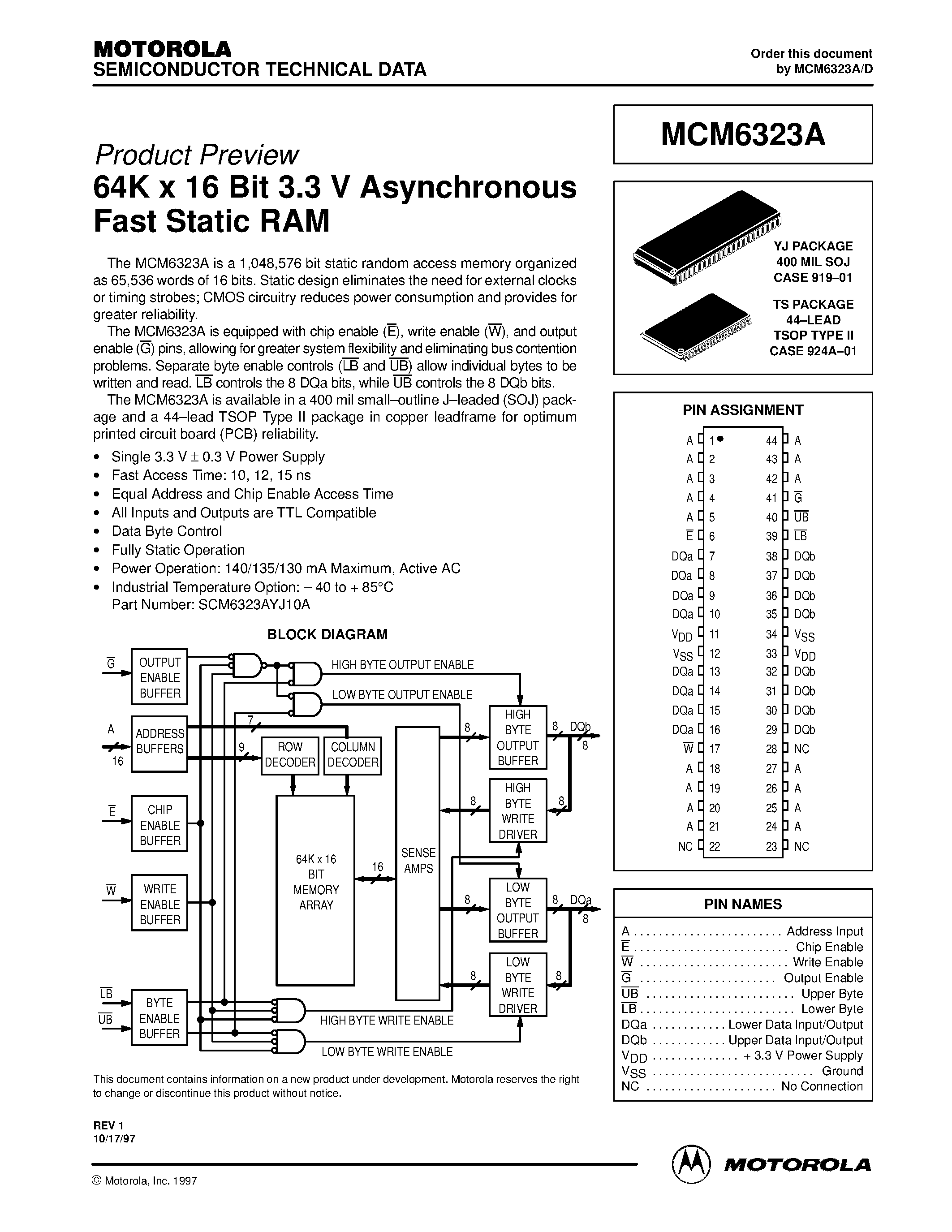 Datasheet MCM6323A - 64K x 16 Bit 3.3 V Asynchronous Fast Static RAM page 1