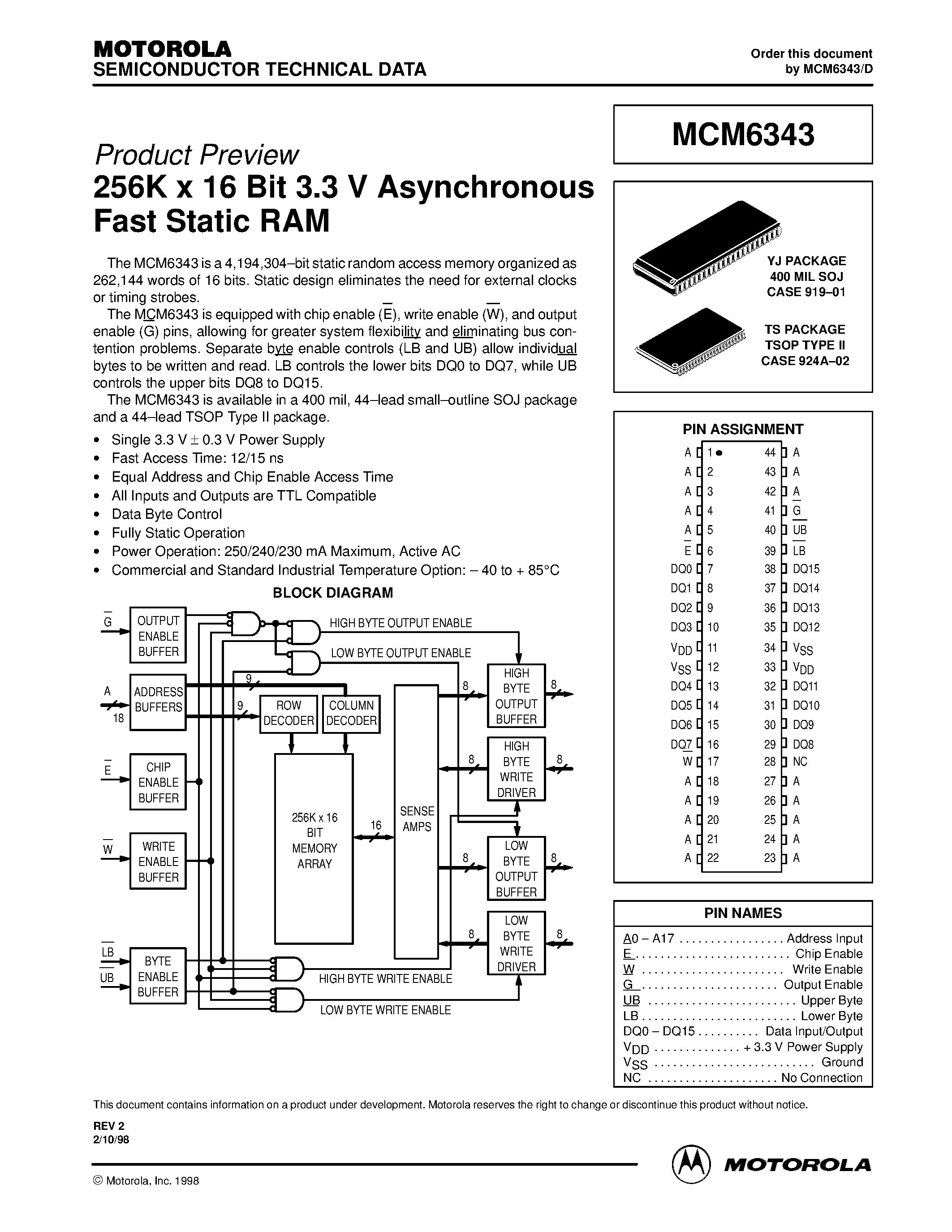 Datasheet MCM6343 - 256K x 15 Bit 3.3 V Asynchronous Fast Static RAM page 1