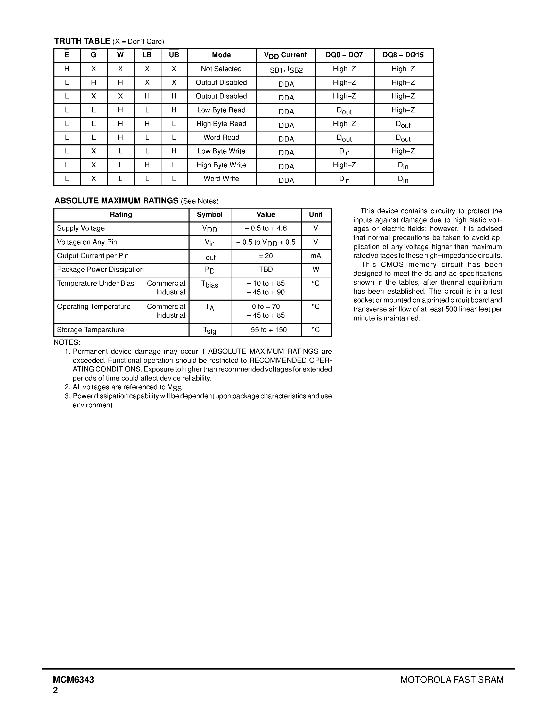 Datasheet MCM6343 - 256K x 15 Bit 3.3 V Asynchronous Fast Static RAM page 2