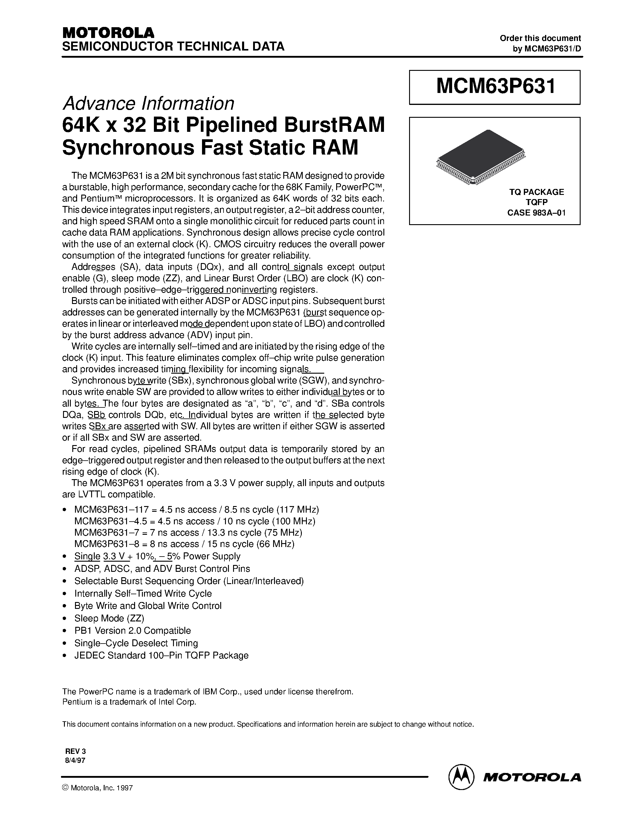 Datasheet MCM63P631TQ7 - 64K x 32 Bit Pipelined BurstRAM Synchronous Fast Static RAM page 1