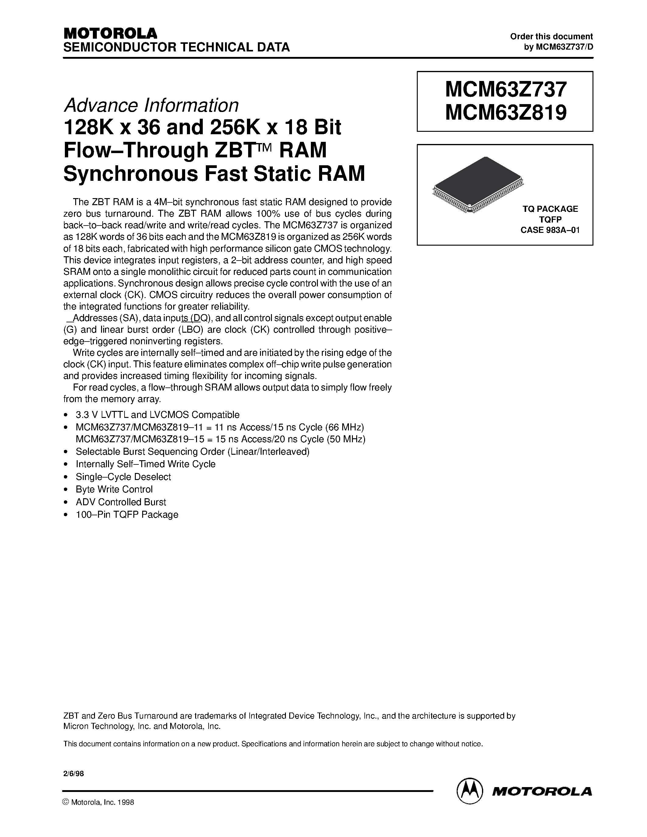 Datasheet MCM63Z737 - 128K x 36 and 256K x 18 Bit Flow-Through ZBT RAM Synchronous Fast Static RAM page 1