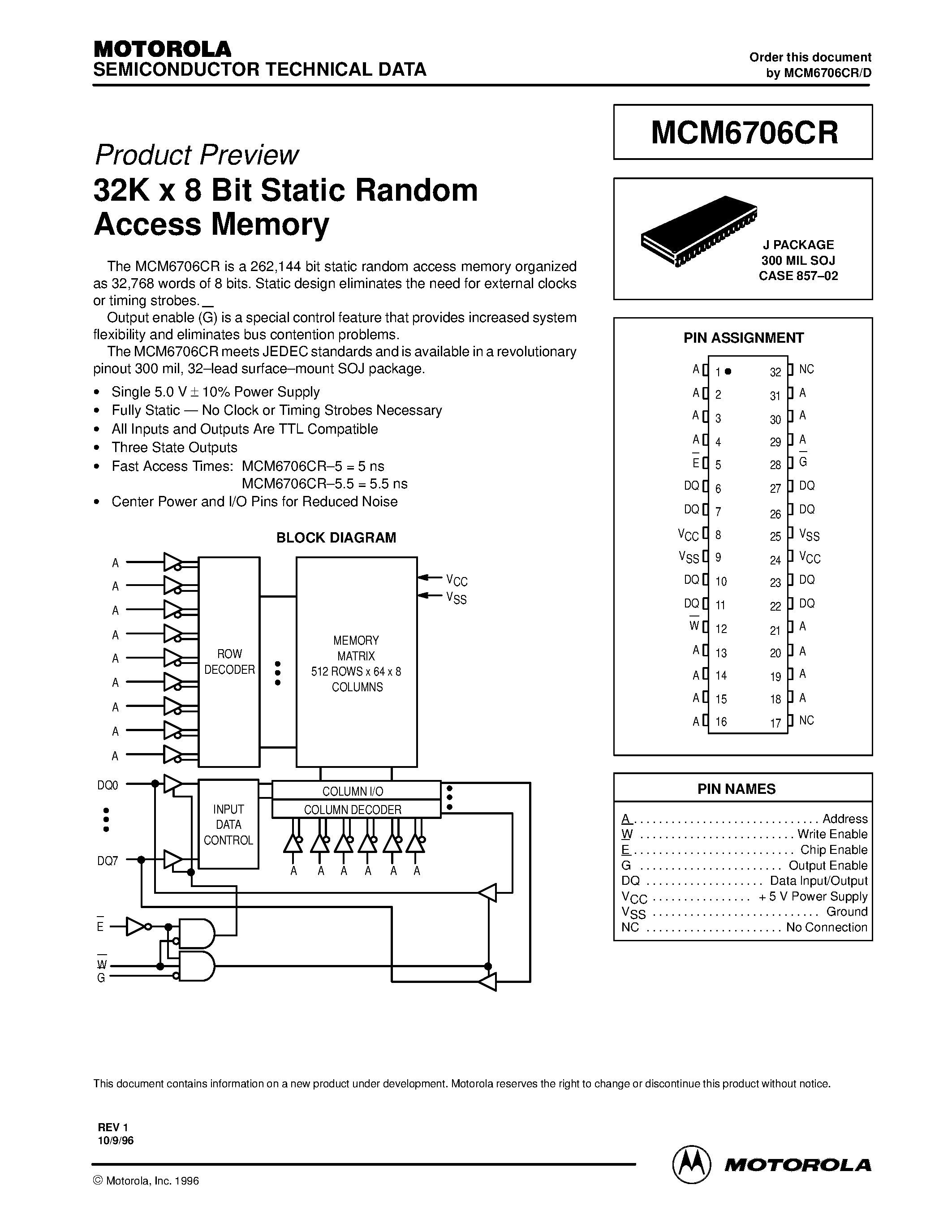 Даташит MCM6706CRJ5R - 32K x 8 Bit Static Random Access Memory страница 1