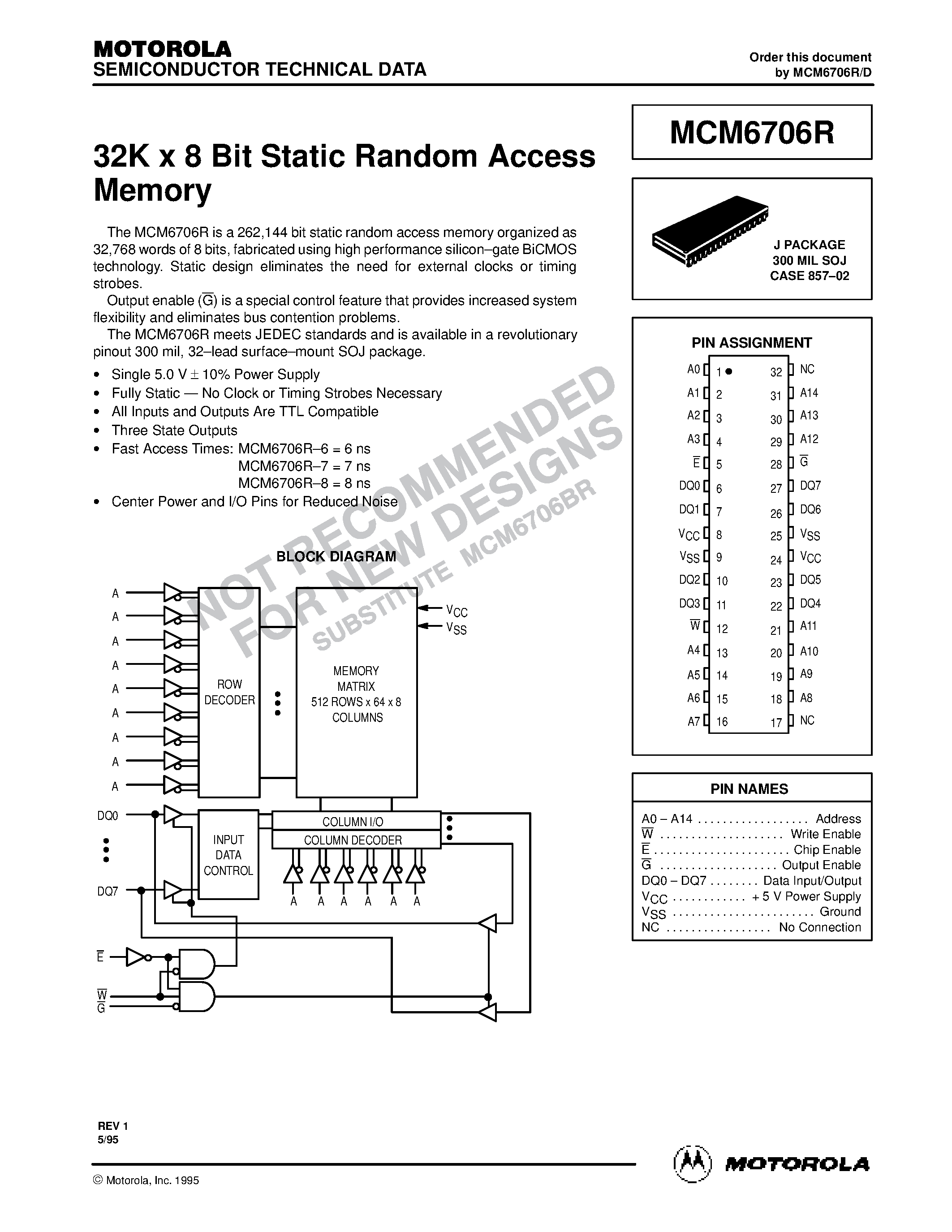 Даташит на микросхему MCM6706RJ7 страница 1 Даташит MCM6706RJ7 - 32K x 8 Bit Static Random Access Memory страница 1