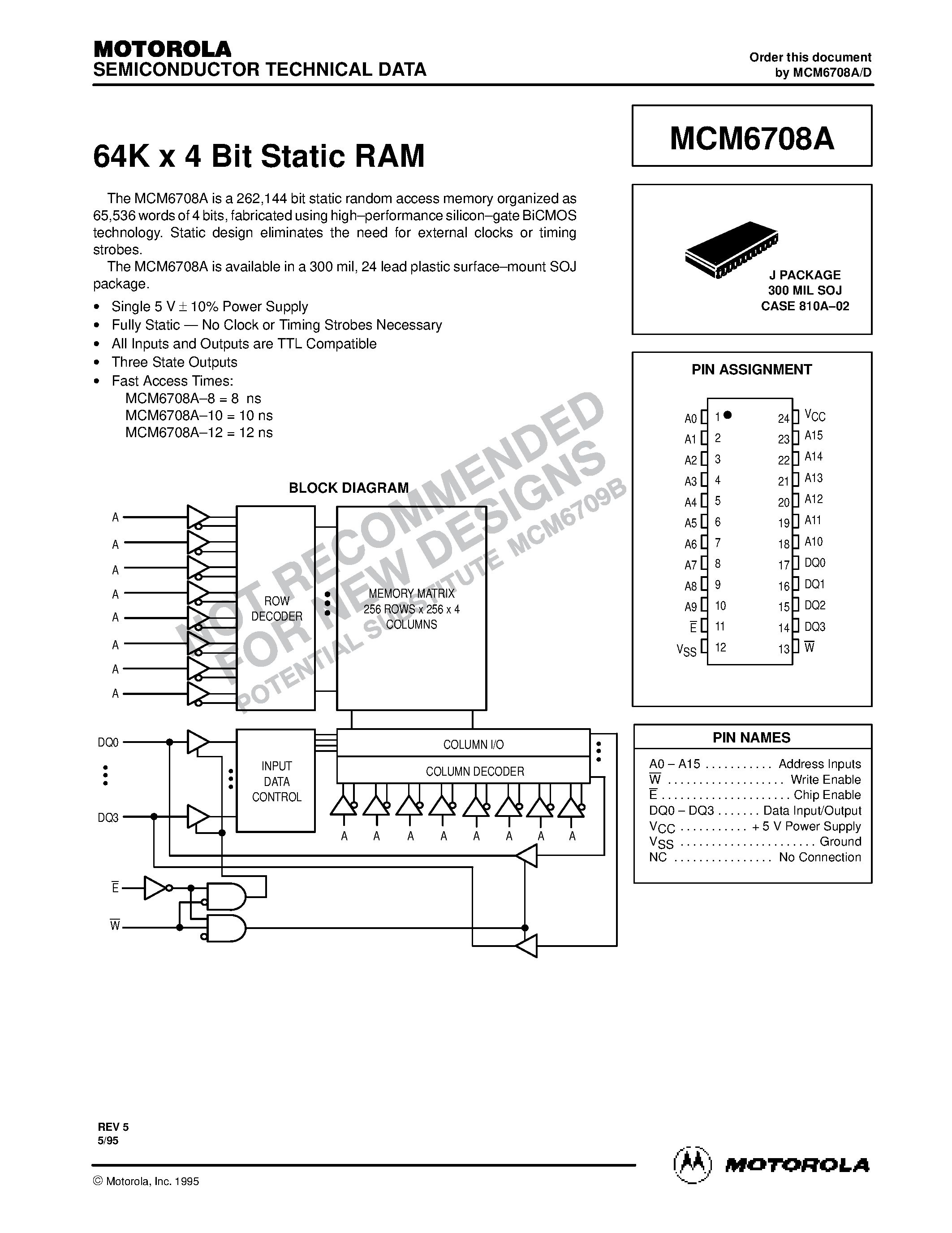 Даташит MCM6708AJ10 - 64K x 4 Bit Static RAM страница 1