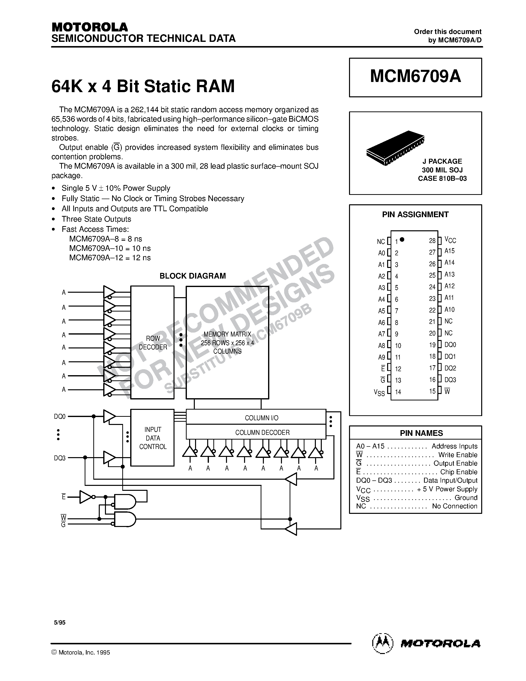 Datasheet MCM6709AJ12 - 64K x 4 Bit Static RAM page 1