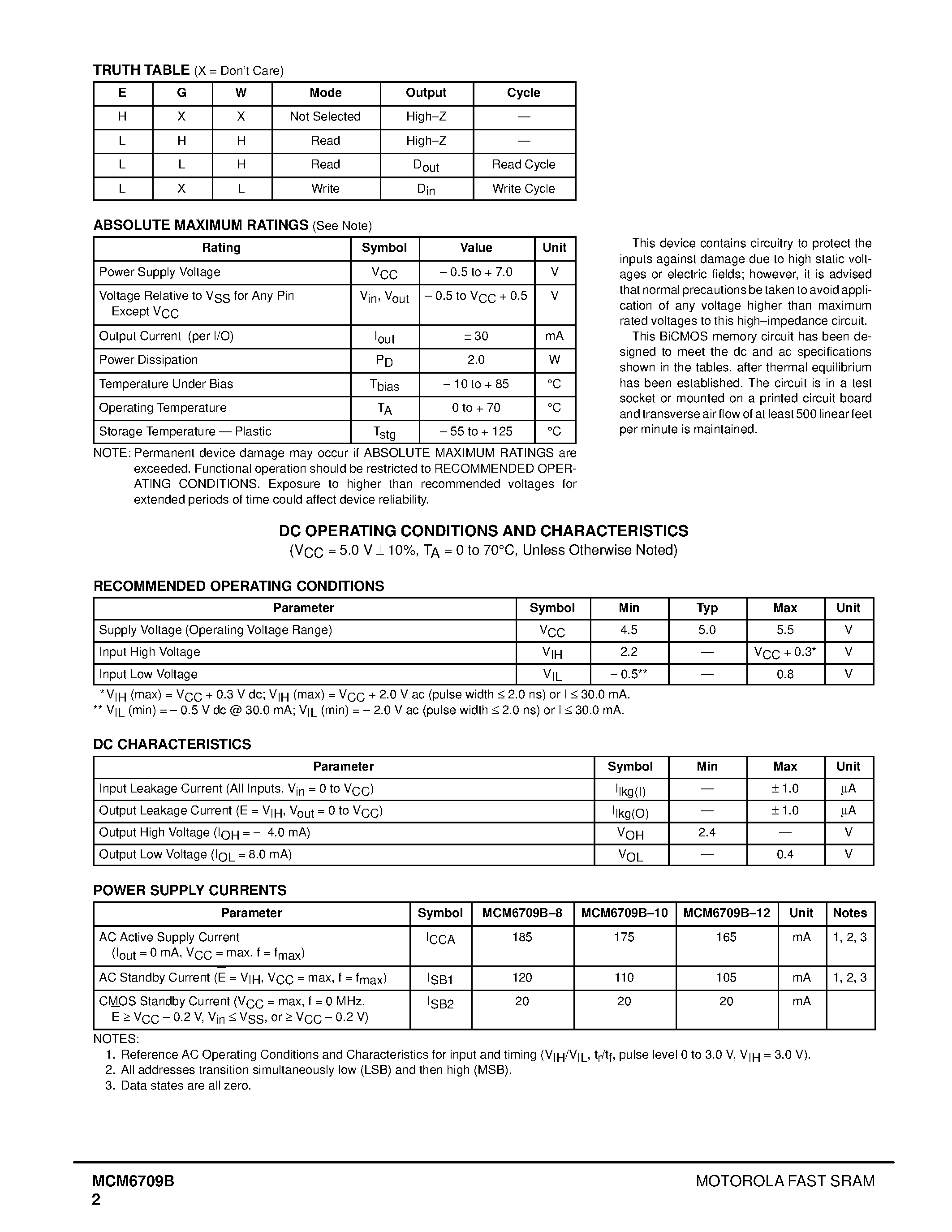 Datasheet MCM6709BJ12R - 64K x 4 Bit Static RAM page 2