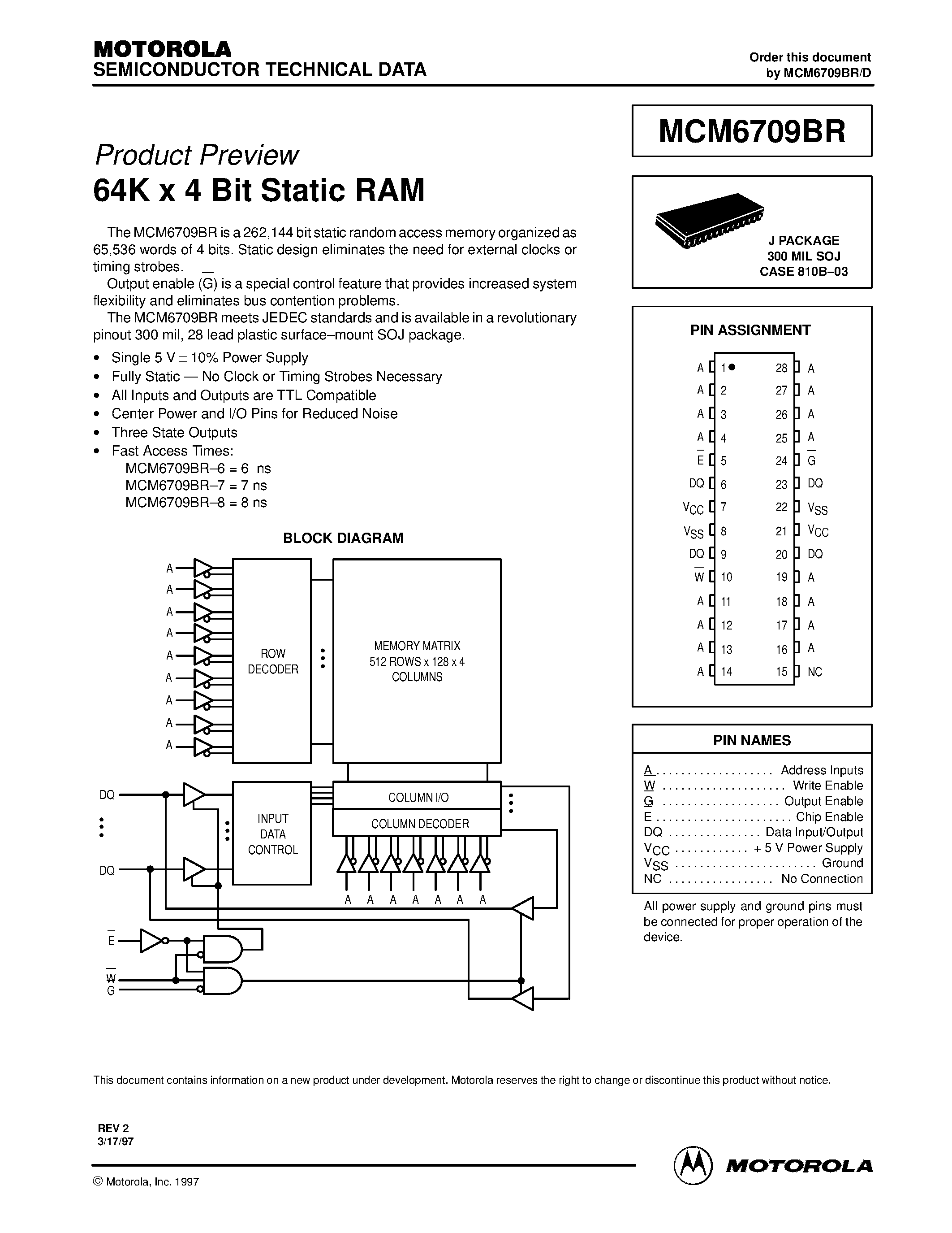 Datasheet MCM6709BR - 64K x 4 Bit Static RAM page 1