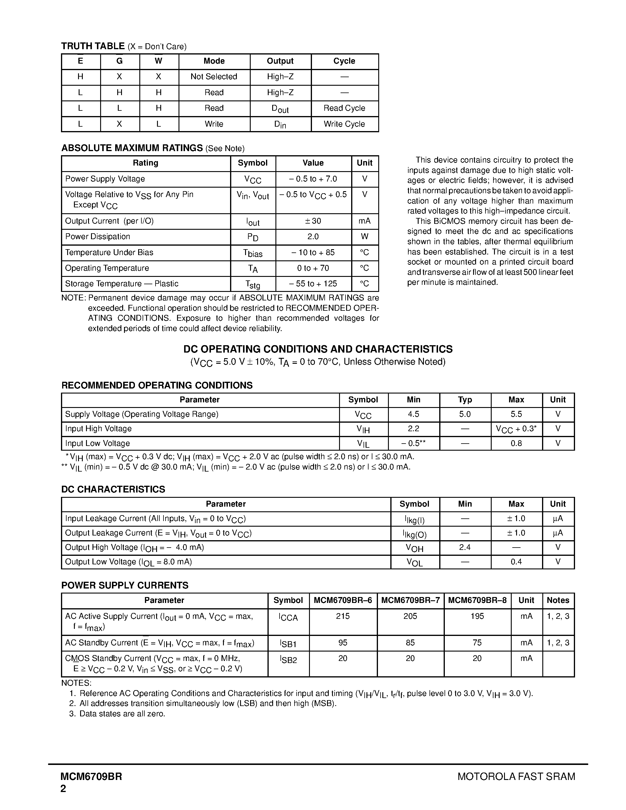 Datasheet MCM6709BRJ8 - 64K x 4 Bit Static RAM page 2
