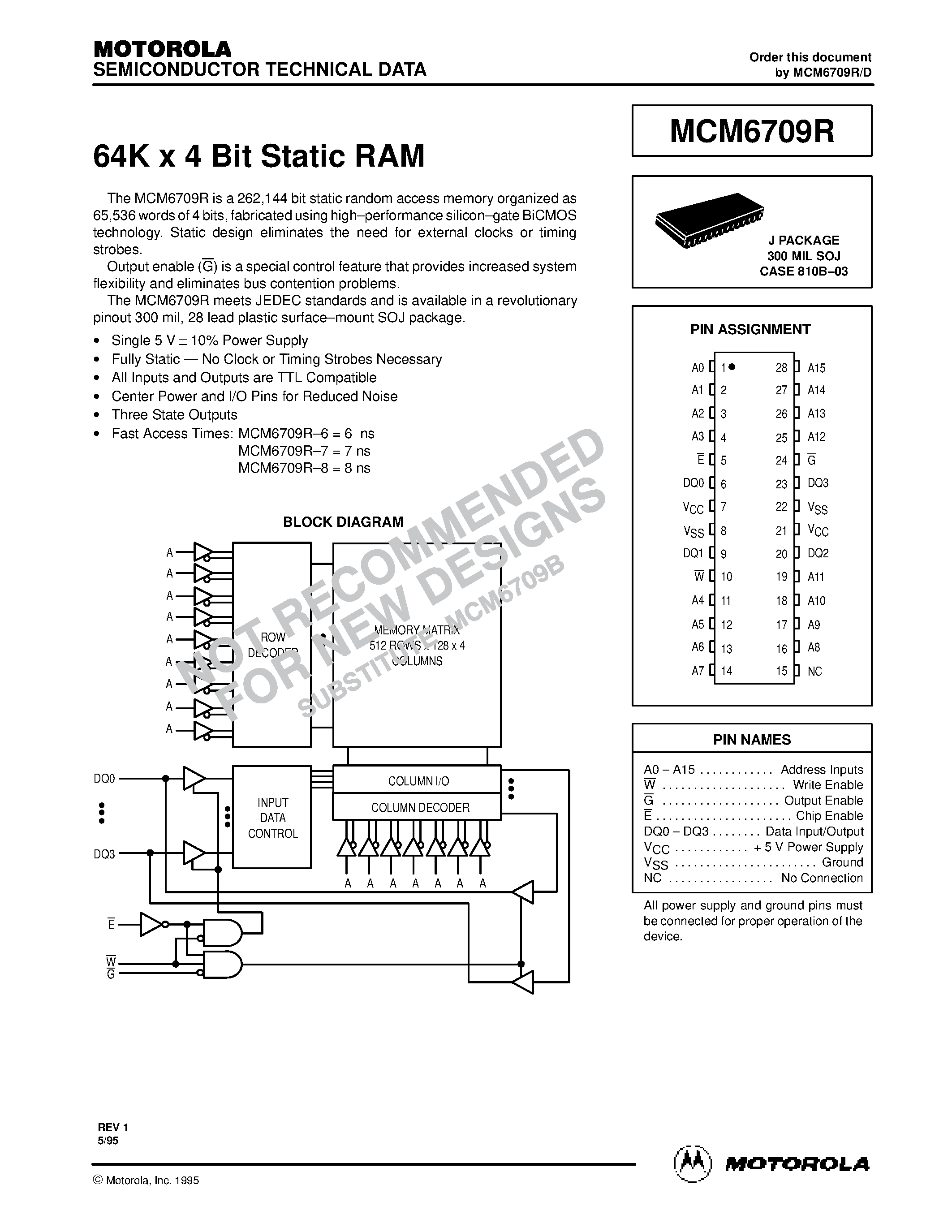 Даташит MCM6709RJ6 - 64K x 4 Bit Static RAM страница 1