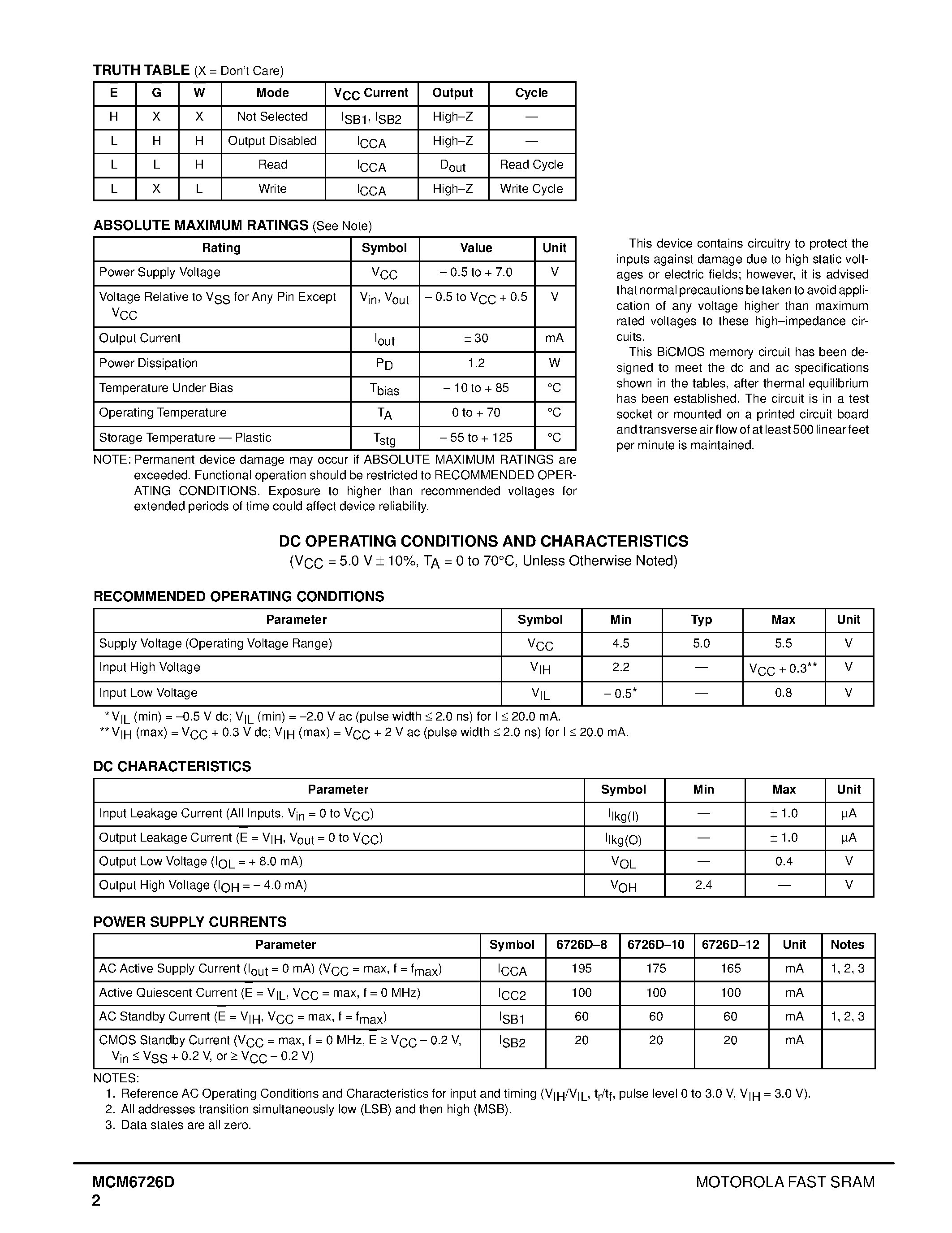 Datasheet MCM6726D - 128K x 8 Bit Fast Static Random Access Memory page 2