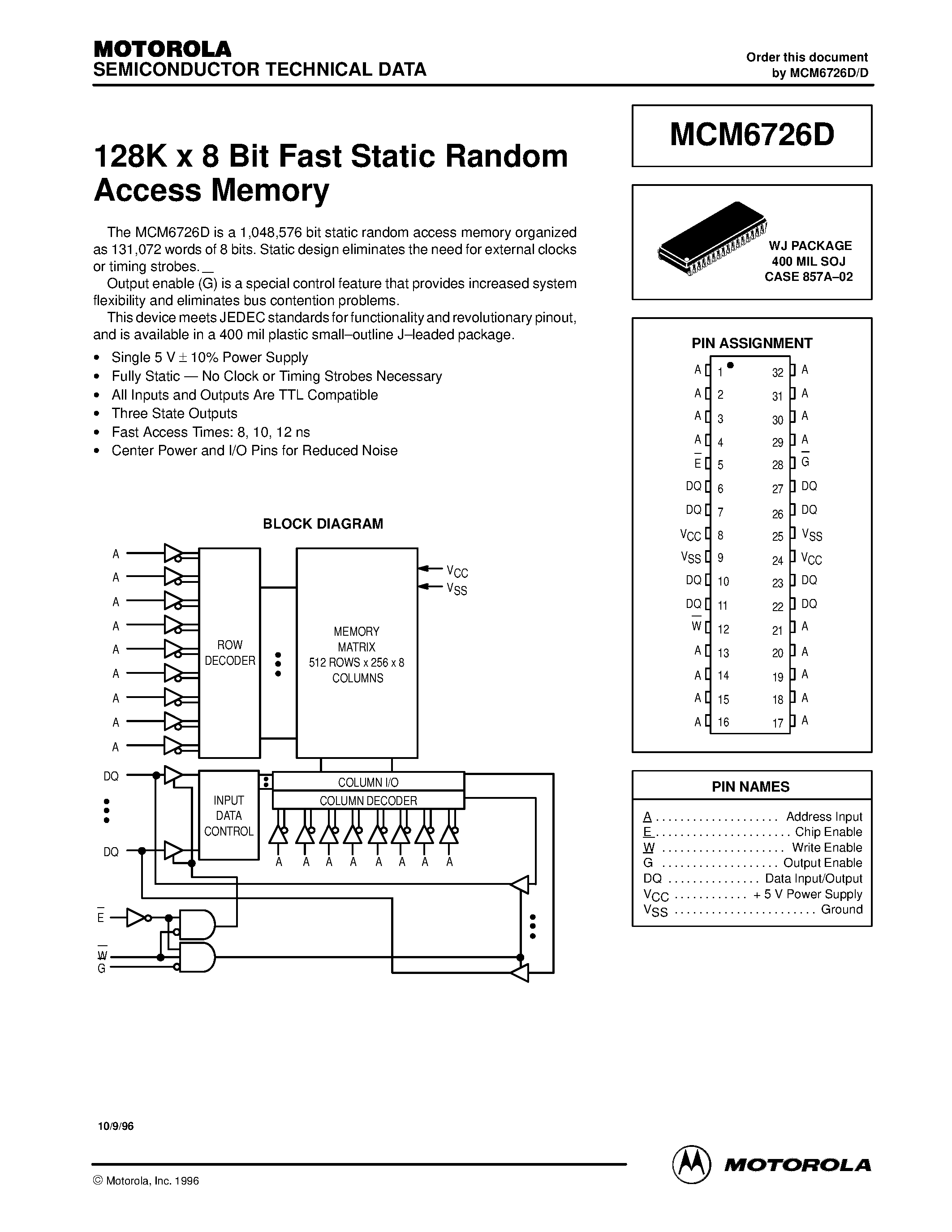 Даташит на микросхему MCM6726DWJ12R страница 1 Даташит MCM6726DWJ12R - 128K x 8 Bit Fast Static Random Access Memory страница 1