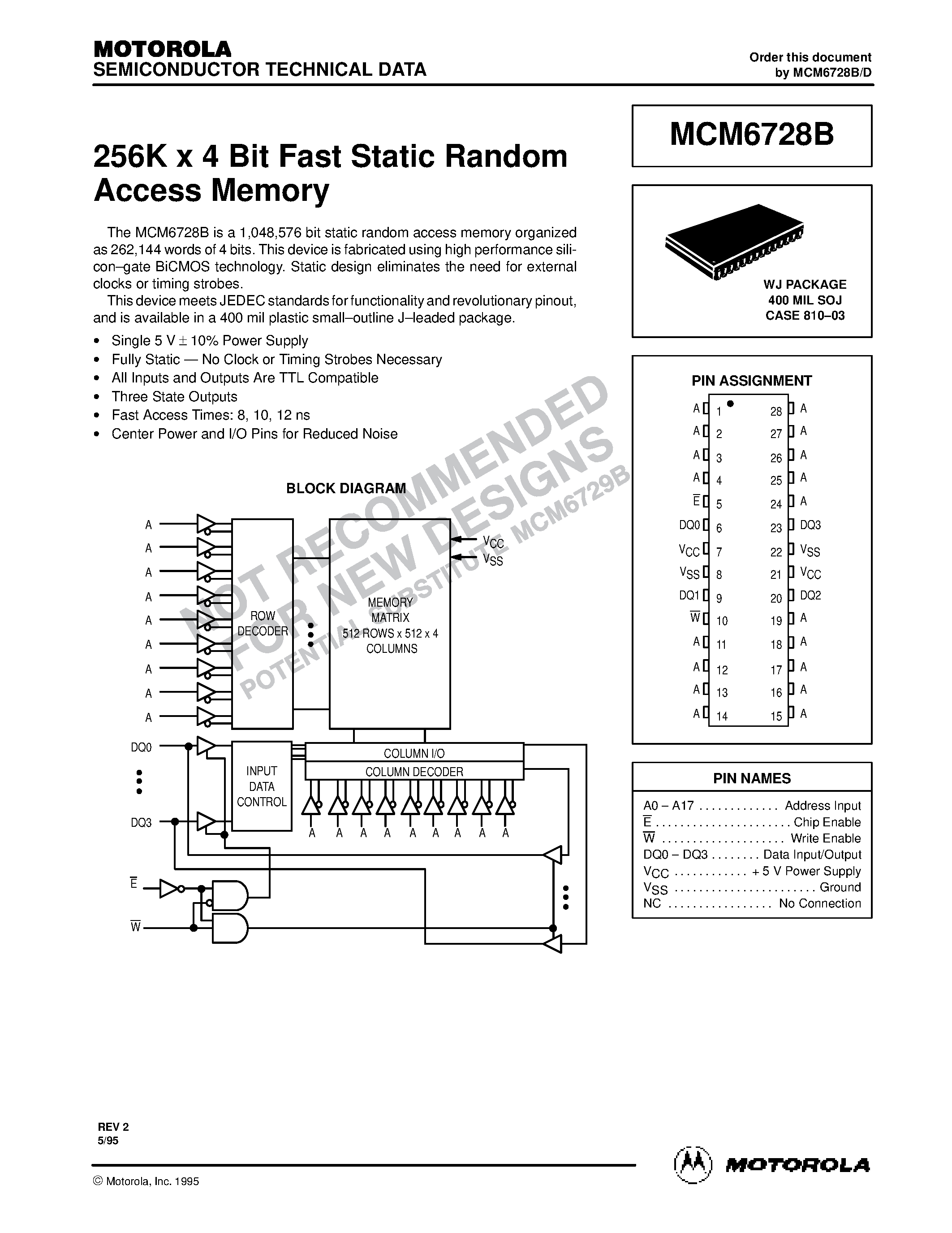 Datasheet MCM6728BWJ12R - 256K x 4 Bit Fast Static Random Access Memory page 1