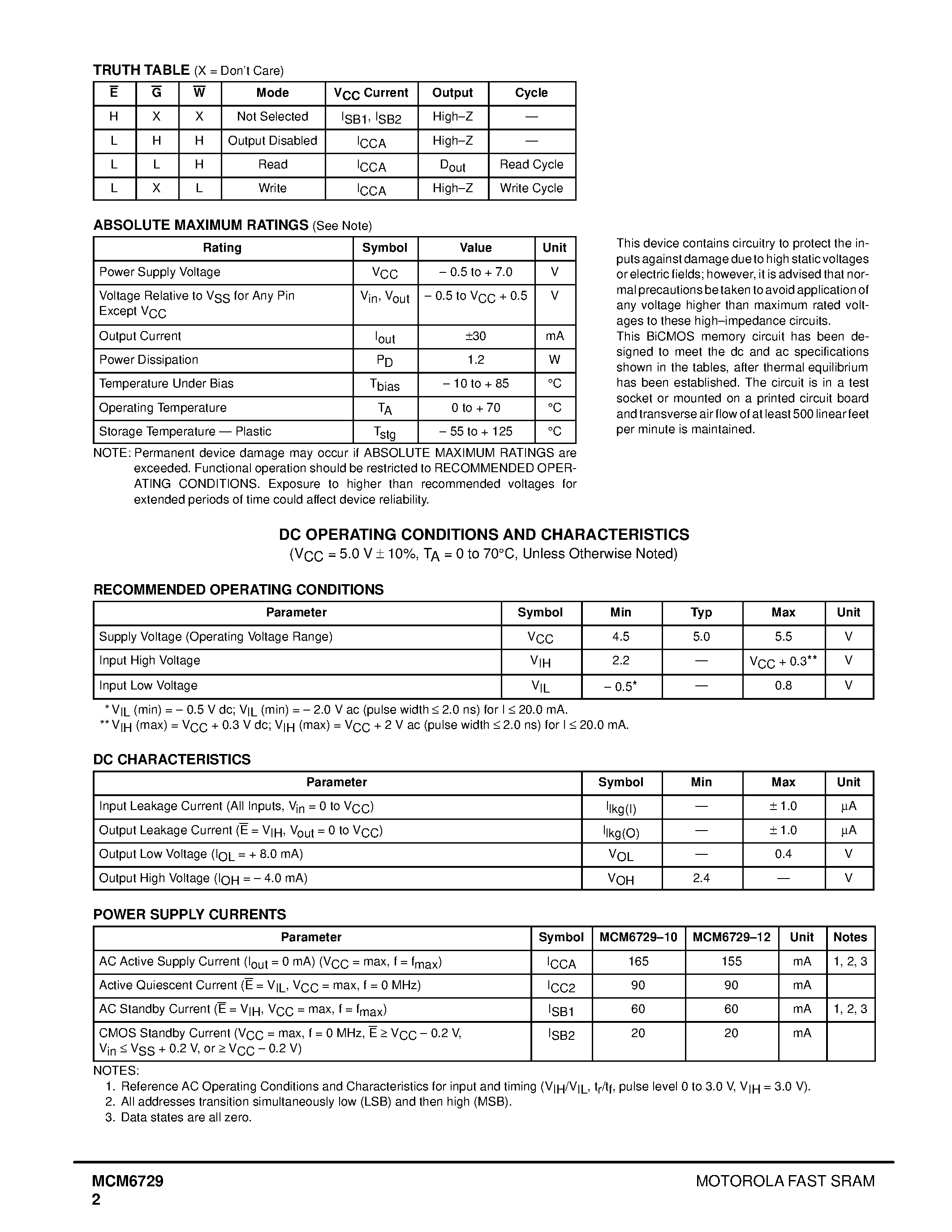 Даташит MCM6729 - 256K x 4 Bit Fast Static Random Access Memory страница 2