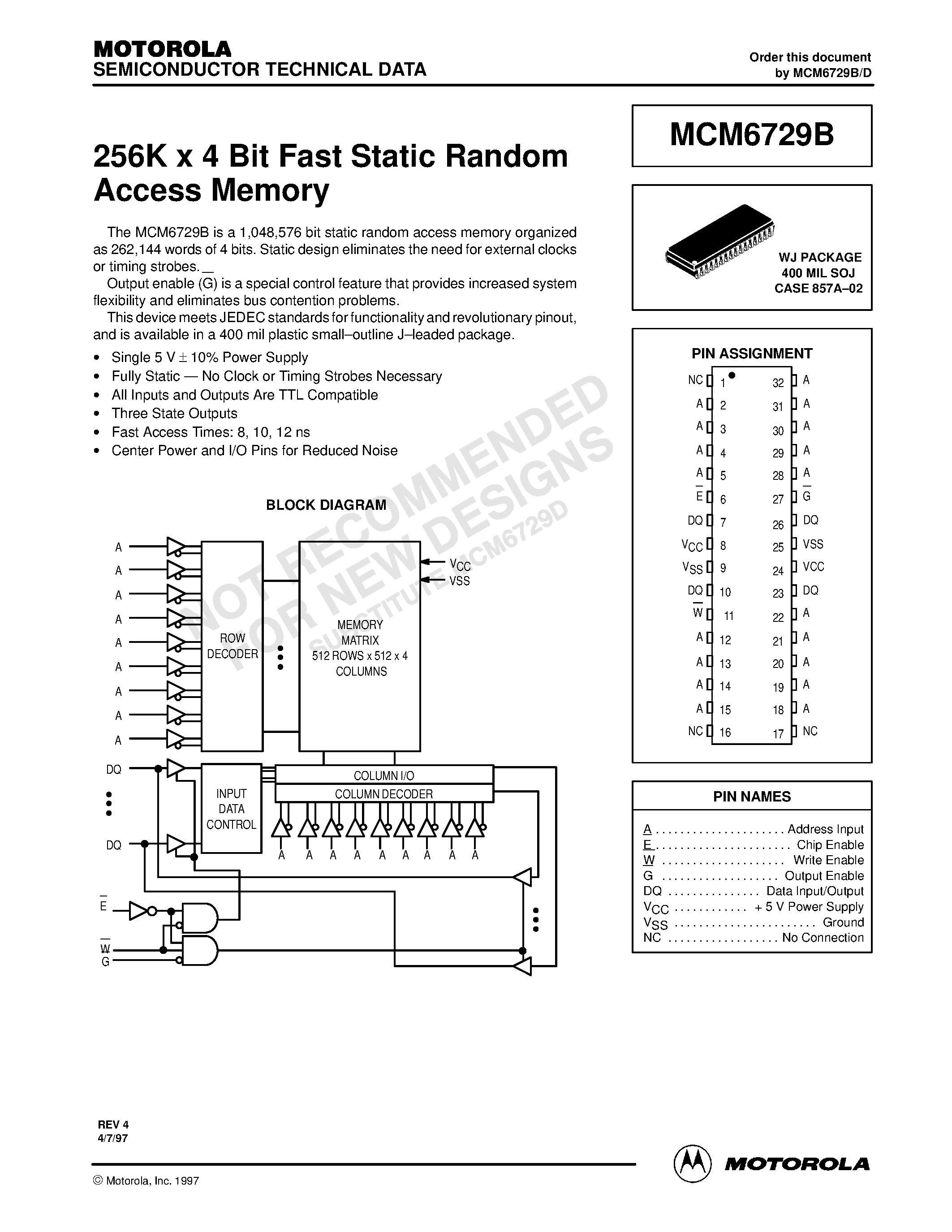 Datasheet MCM6729BWJ10R - 256K x 4 Bit Fast Static Random Access Memory page 1