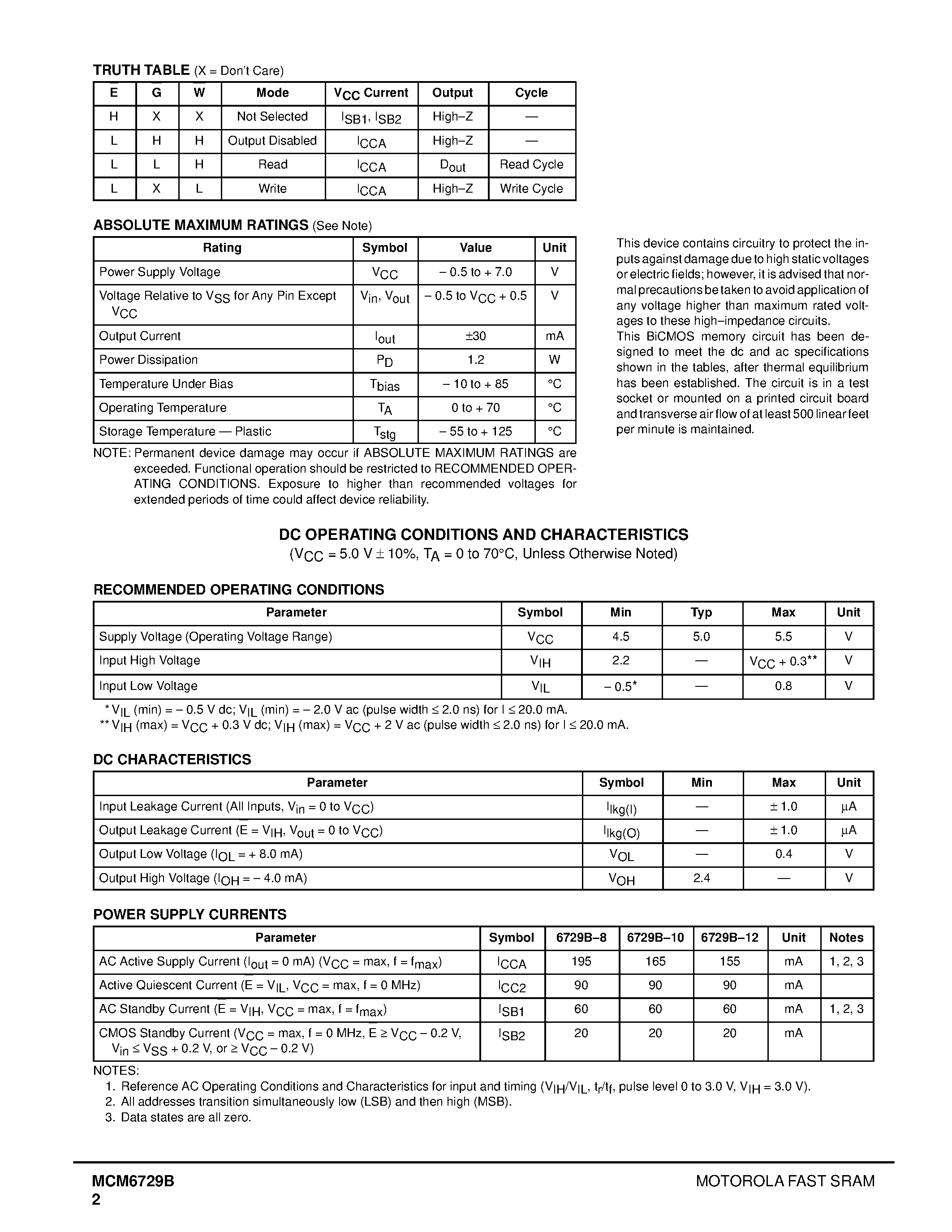 Datasheet MCM6729BWJ8 - 256K x 4 Bit Fast Static Random Access Memory page 2