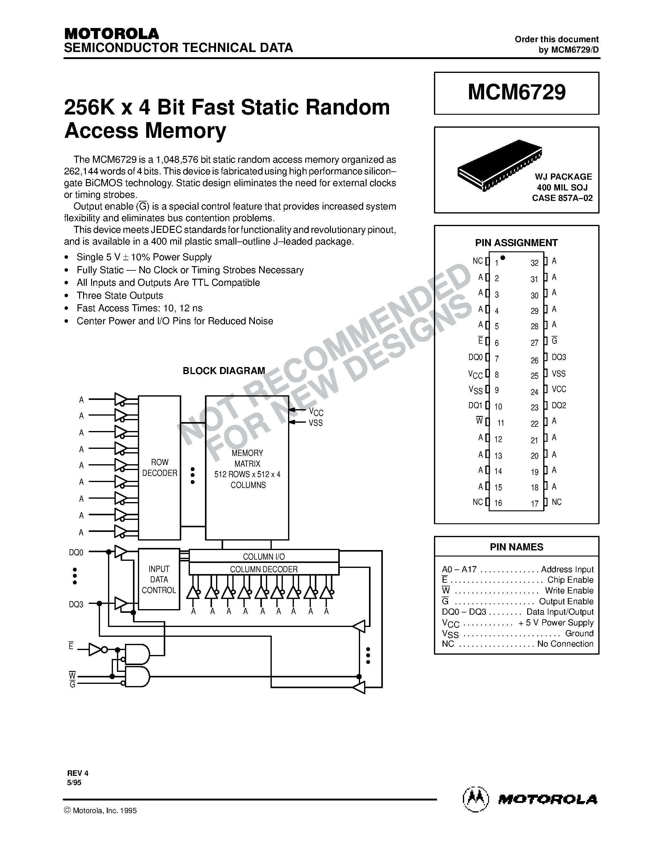 Datasheet MCM6729WJ10R2 - 256K x 4 Bit Fast Static Random Access Memory page 1