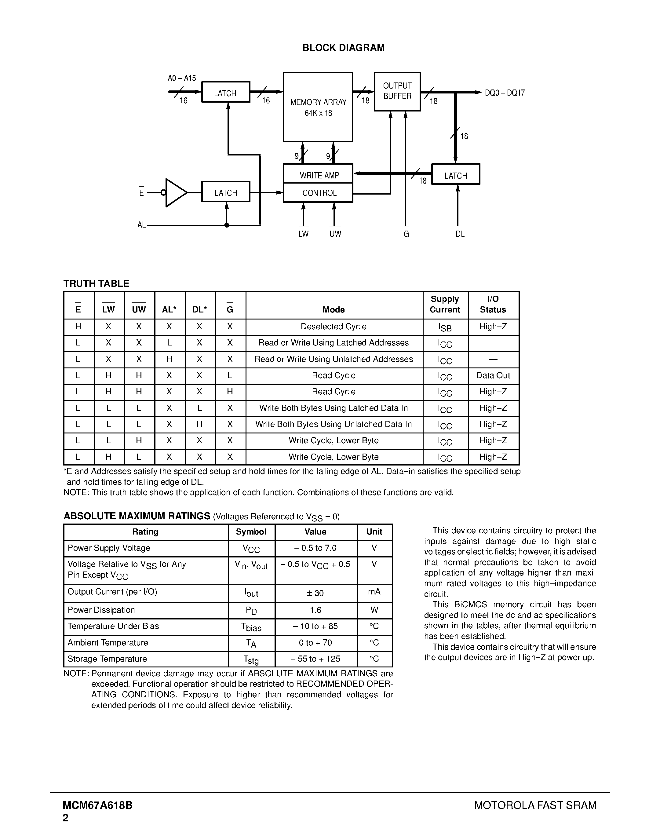 Datasheet MCM67A618BFN12 page 2 Datasheet MCM67A618BFN12 - 64K x 18 Bit Asynchronous/ Latched Address Fast Static RAM page 2