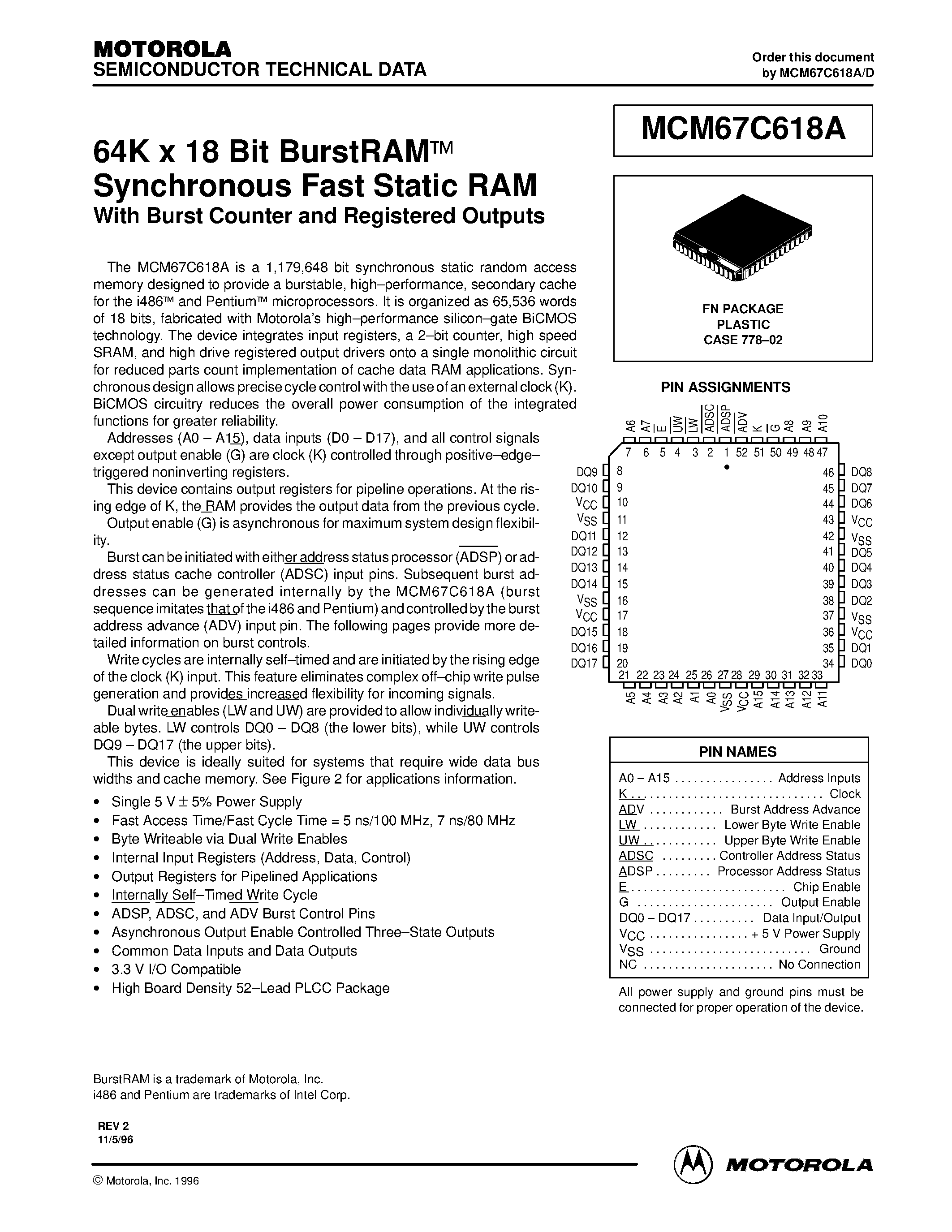 Datasheet MCM67C618A - 64K x 18 Bit BurstRAM Synchronous Fast Static RAM page 1