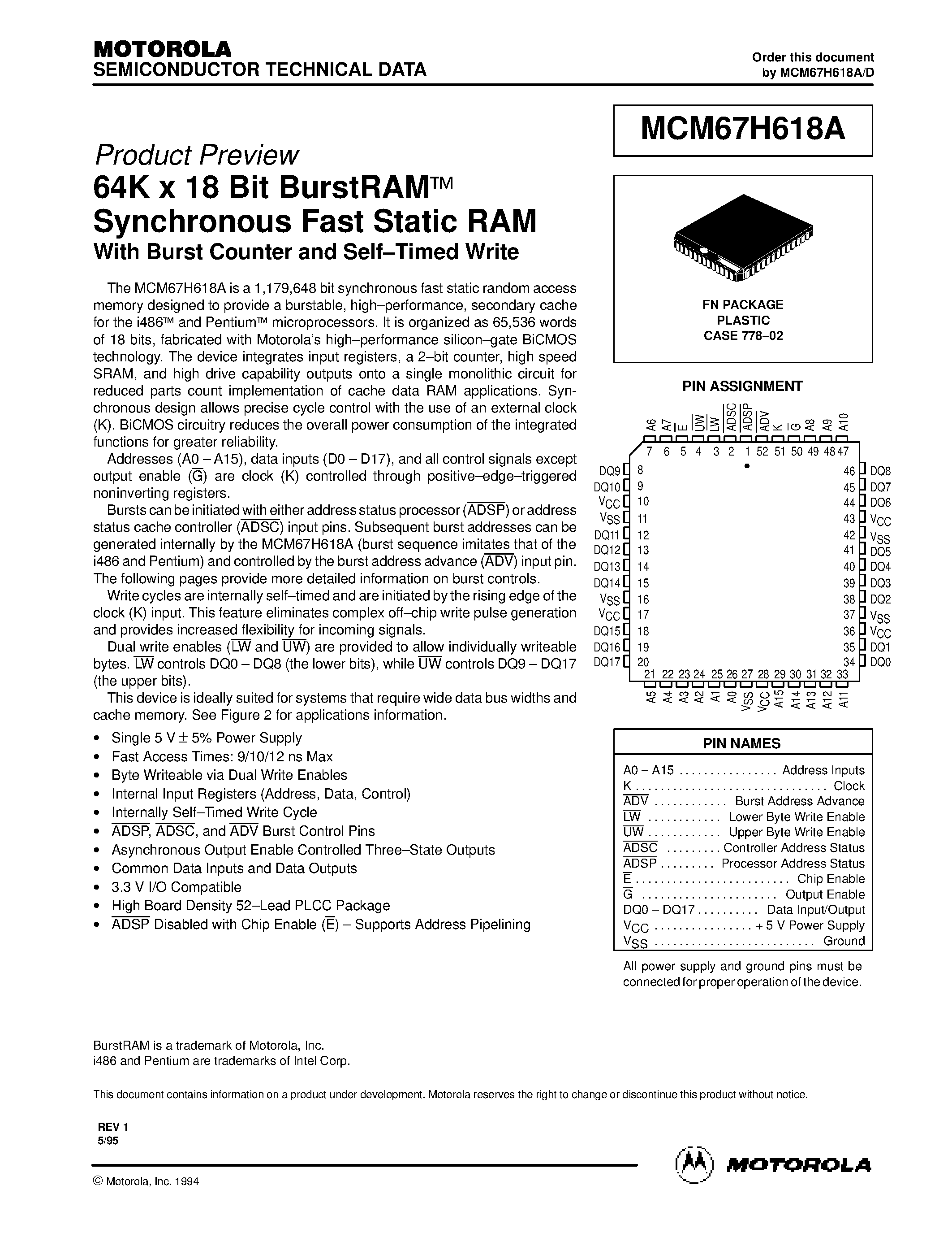 Datasheet MCM67H618A - 64K x 18 Bit BurstRAM Synchronous Fast Static RAM page 1