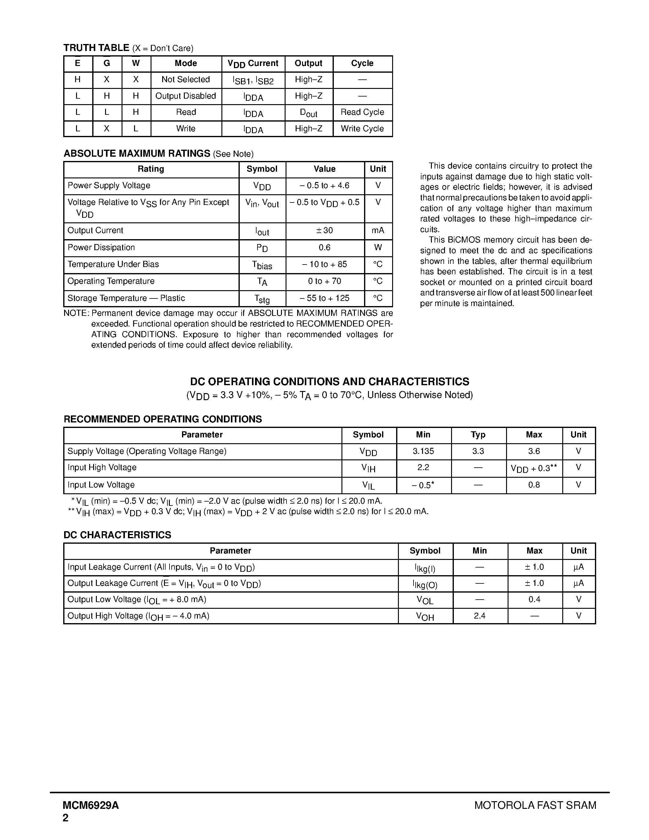 Datasheet MCM6929AWJ15R - 256K x 4 Bit Fast Static Random Access Memory page 2