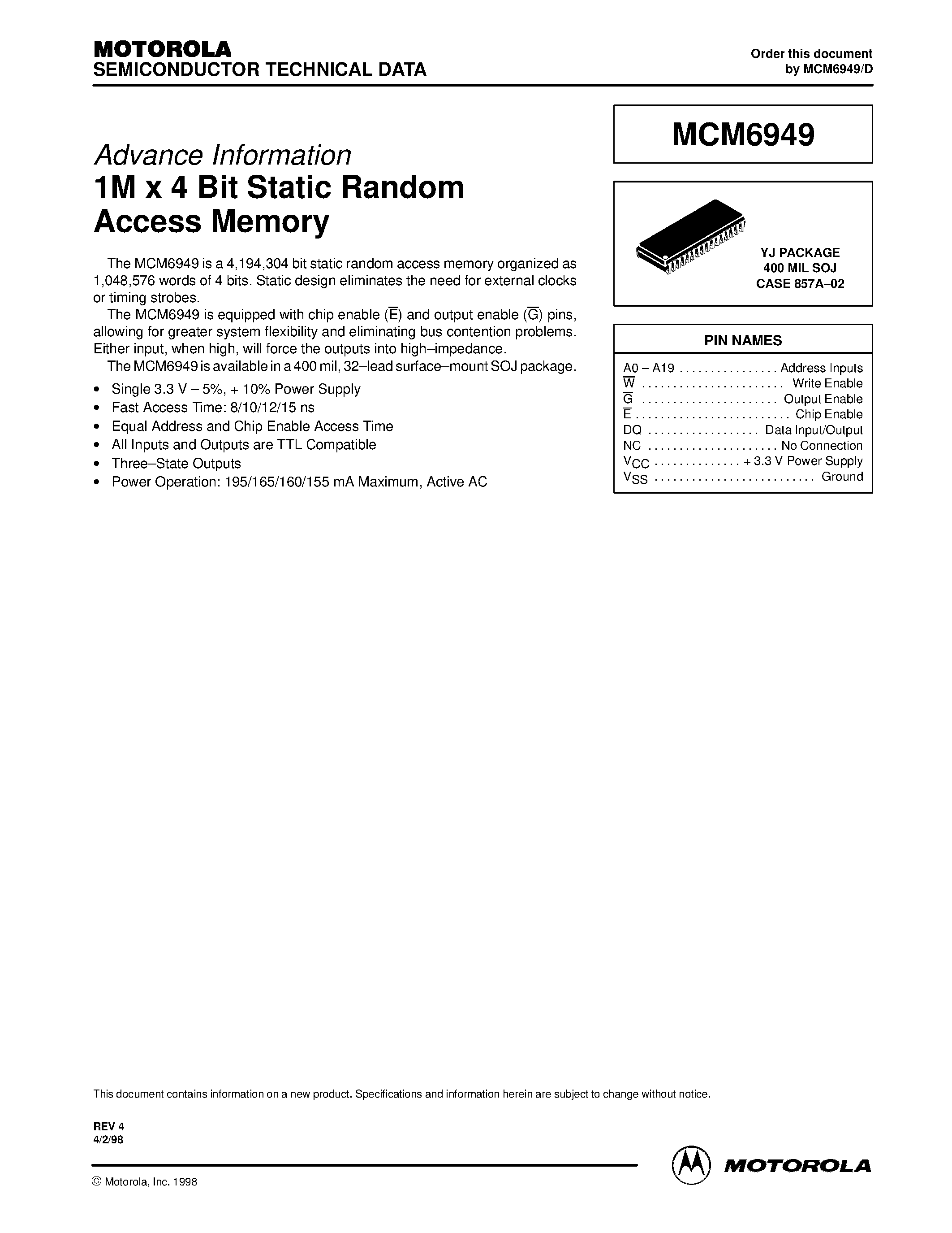 Datasheet MCM6949 - 1M x 4 Bit Static Random Access Memory page 1