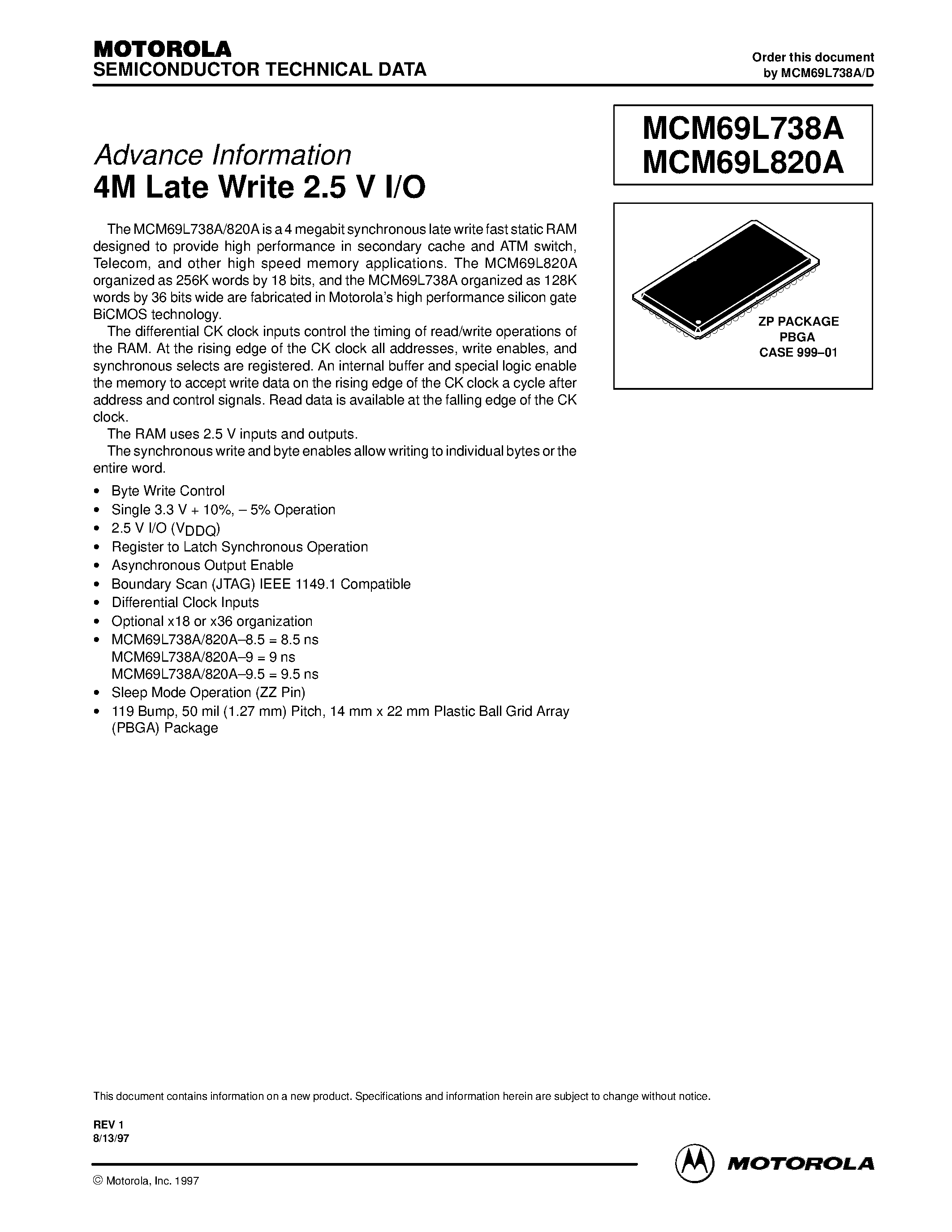 Datasheet MCM69L820AZP8.5 - 4M Late Write 2.5 V I/O page 1