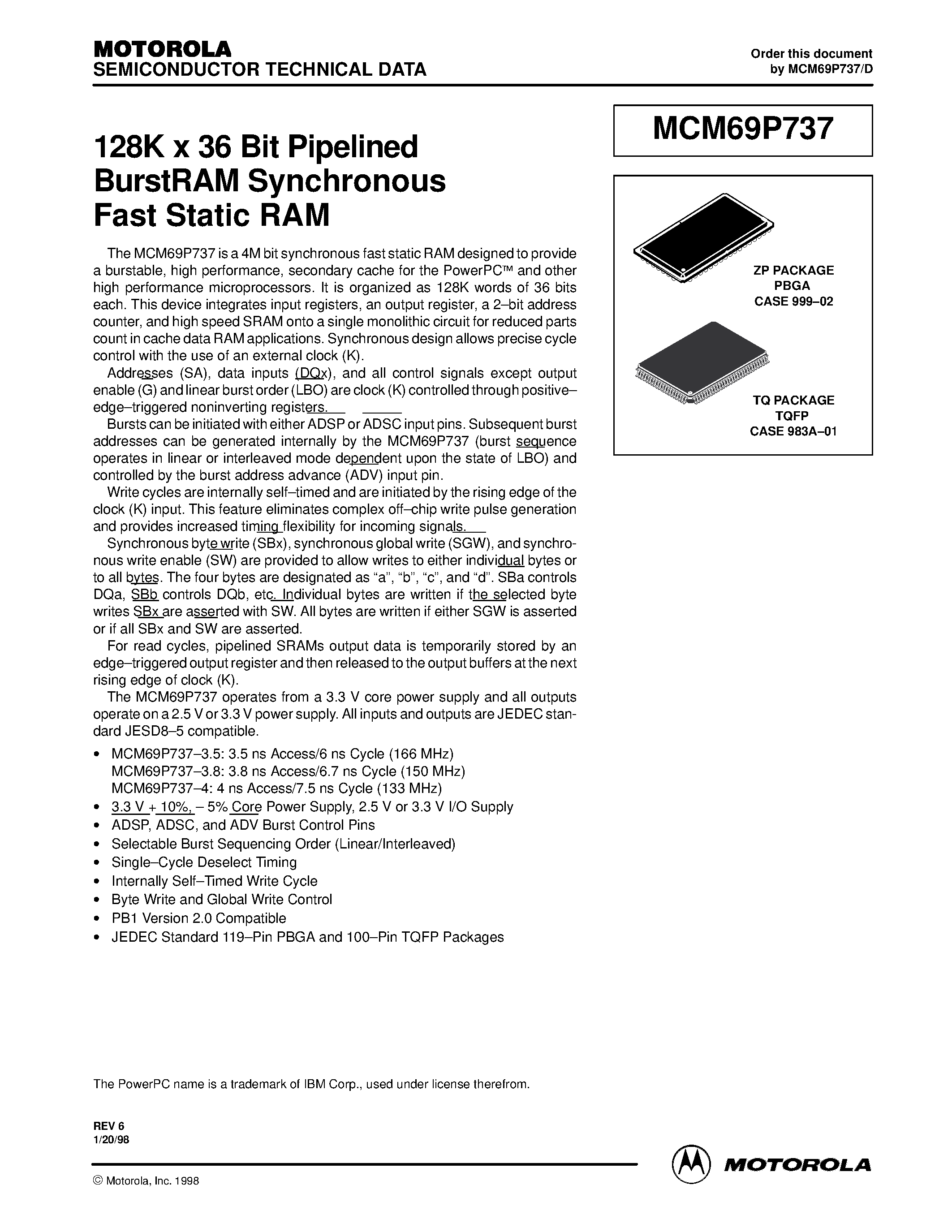Datasheet MCM69P737 - 128K x 36 Bit Pipelined BurstRAM Synchronous Fast Static RAM page 1