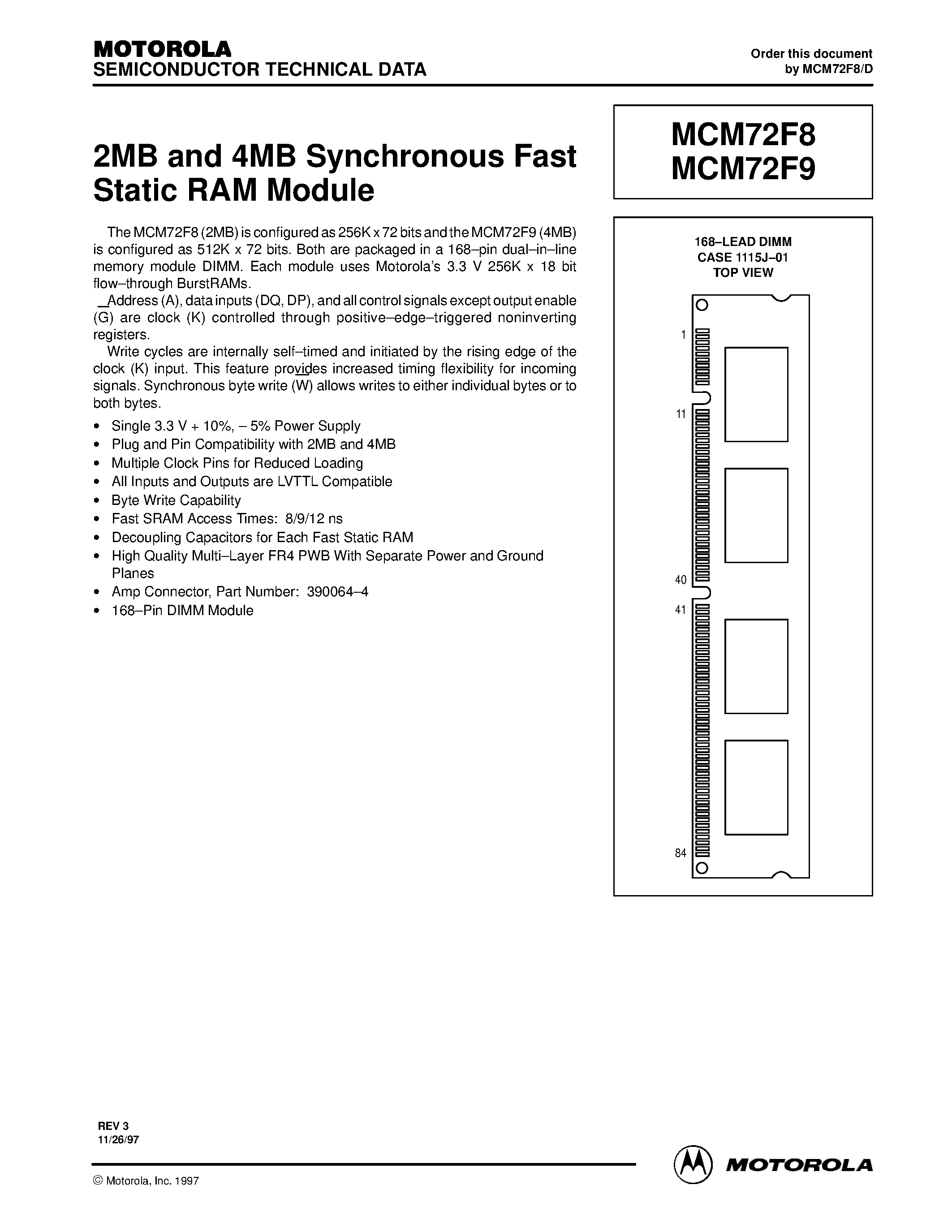 Datasheet MCM72F9DG8 - 2MB and 4MB Synchronous Fast Static RAM Module page 1