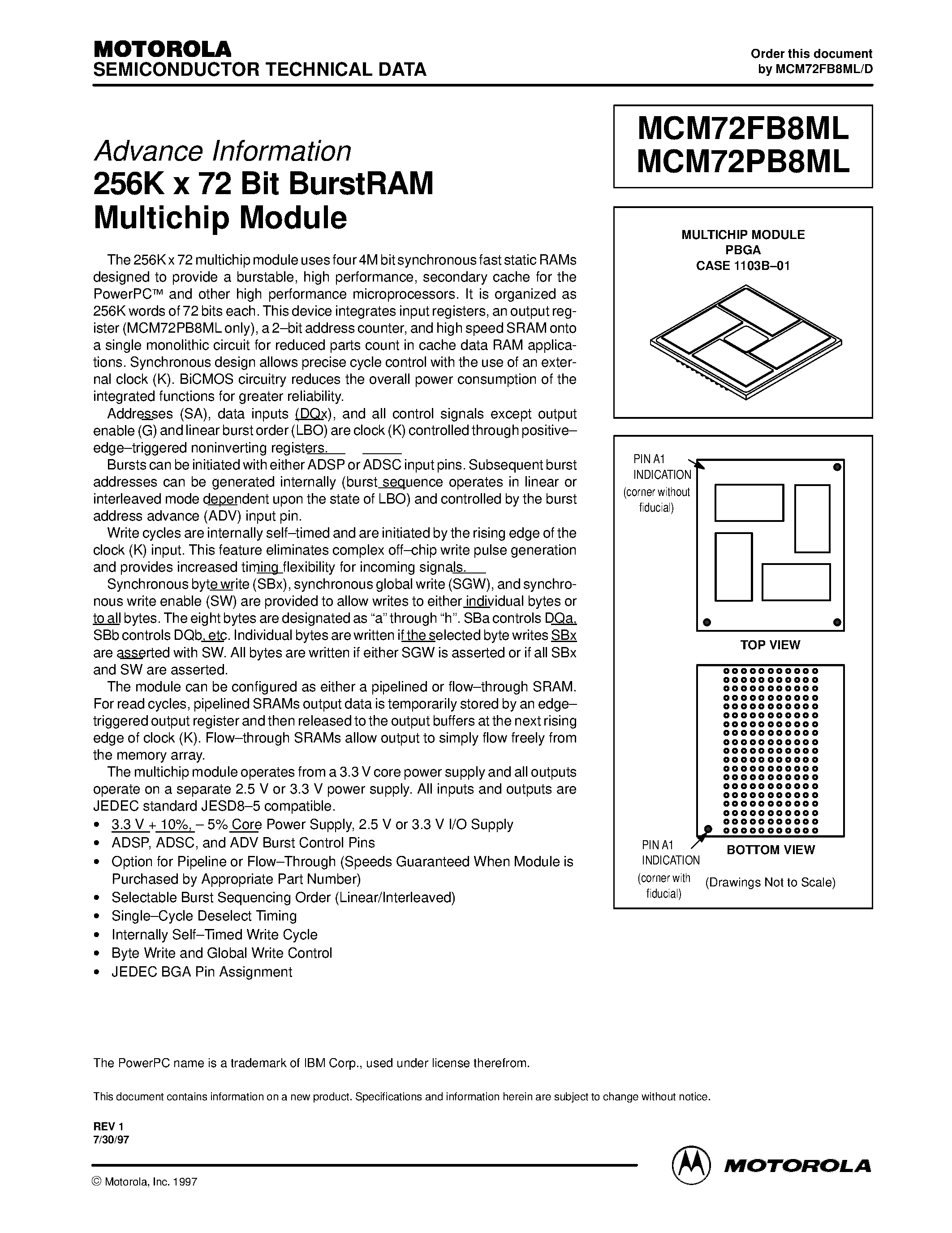Datasheet MCM72FB8ML7.5 page 1 Datasheet MCM72FB8ML7.5 - 256K x 72 Bit Burst RAM Multichip Module page 1